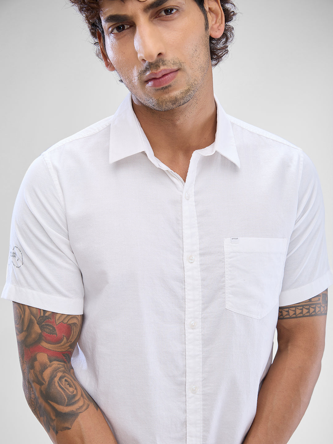 Spykar White Cotton Half Sleeve Raised Collar Shirt For Men