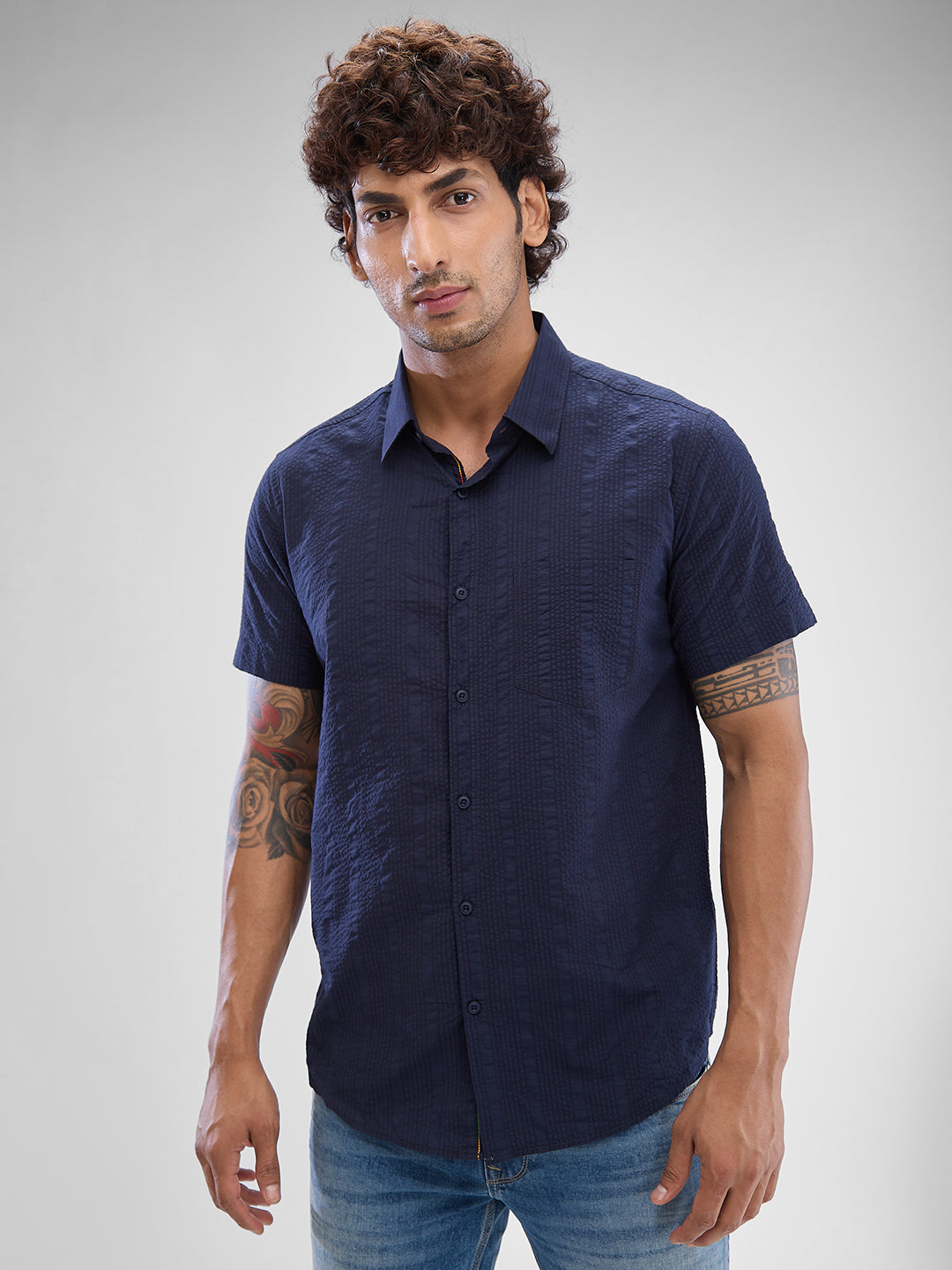 Spykar Navy Blue Cotton Half Sleeve Raised Collar Shirt For Men