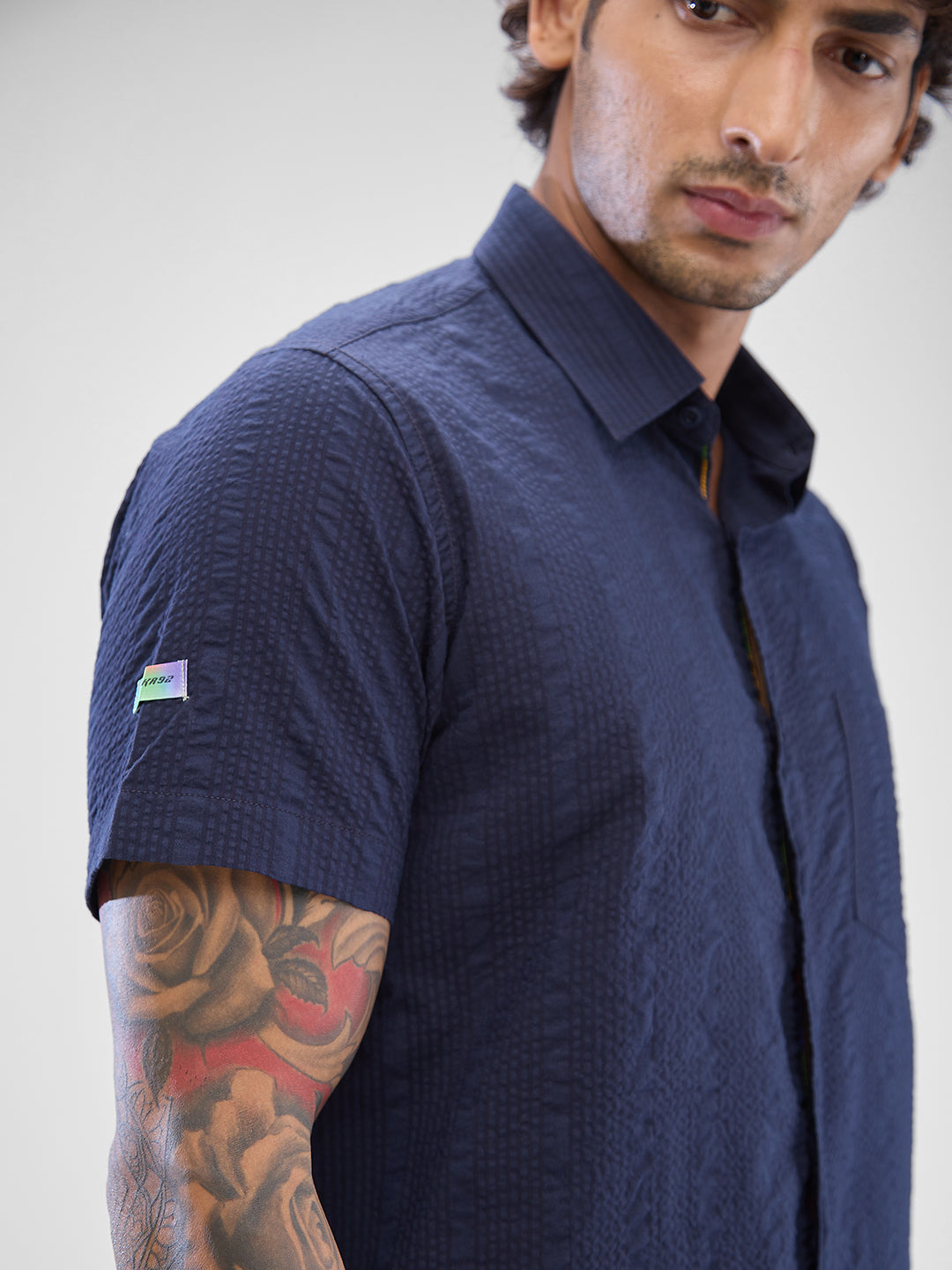 Spykar Navy Blue Cotton Half Sleeve Raised Collar Shirt For Men