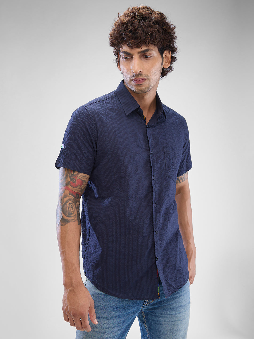 Spykar Navy Blue Cotton Half Sleeve Raised Collar Shirt For Men