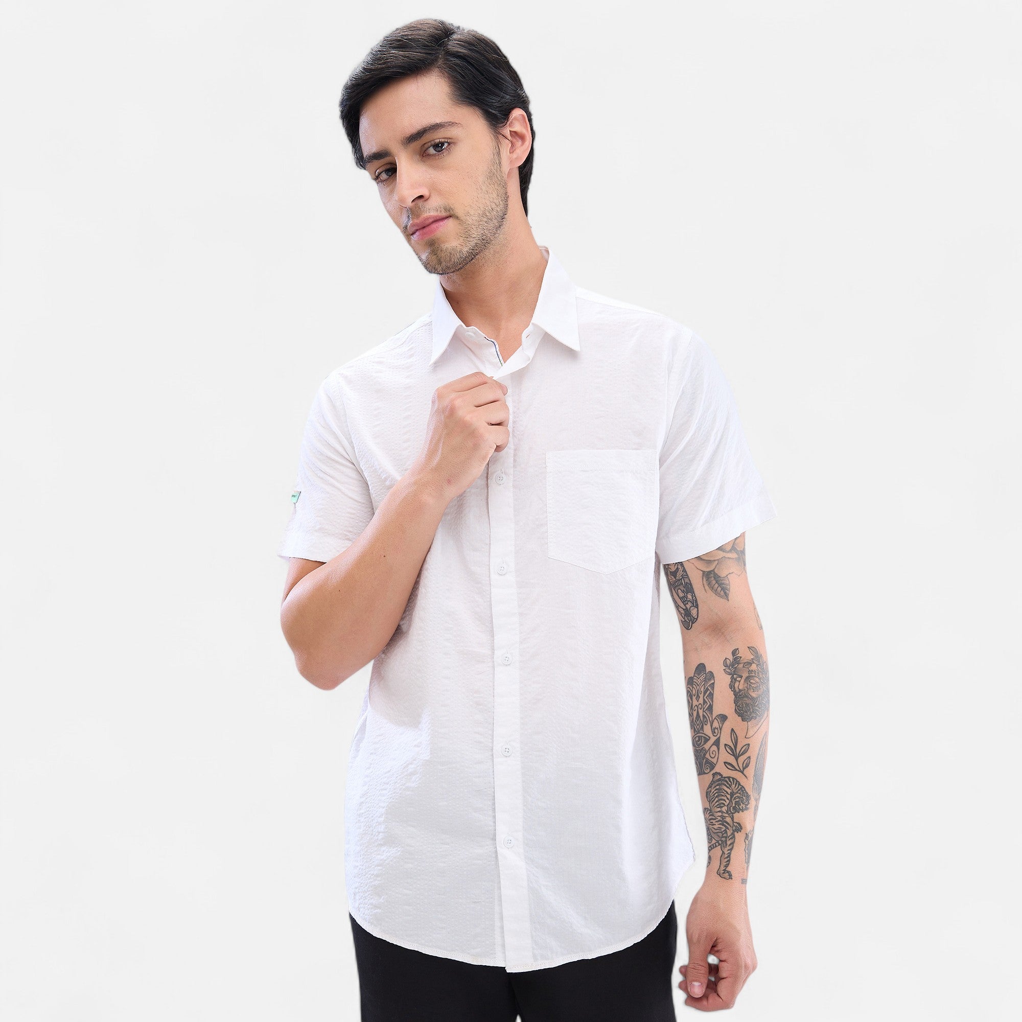 Spykar White Cotton Half Sleeve Raised Collar Shirt For Men