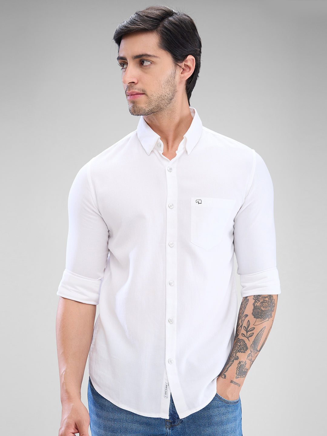 Spykar White Cotton Full Sleeve Raised Collar Shirt For Men