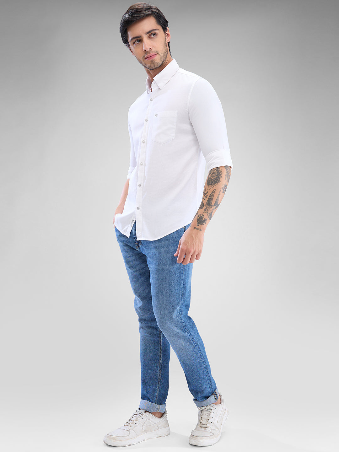 Spykar White Cotton Full Sleeve Raised Collar Shirt For Men