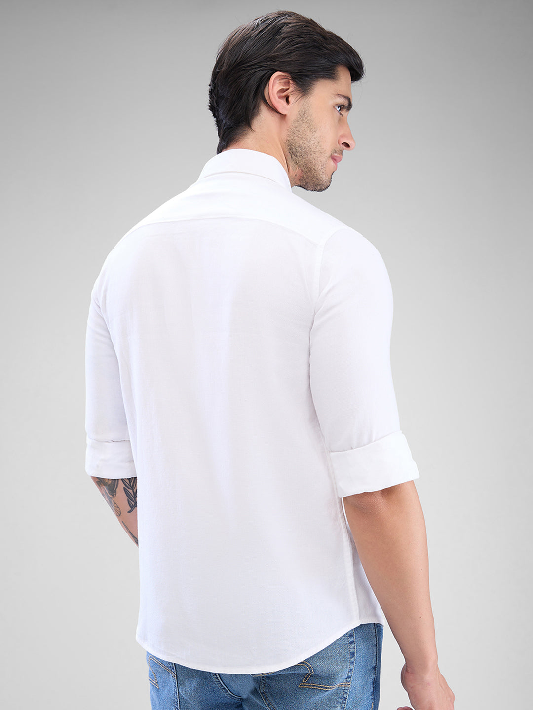 Spykar White Cotton Full Sleeve Raised Collar Shirt For Men