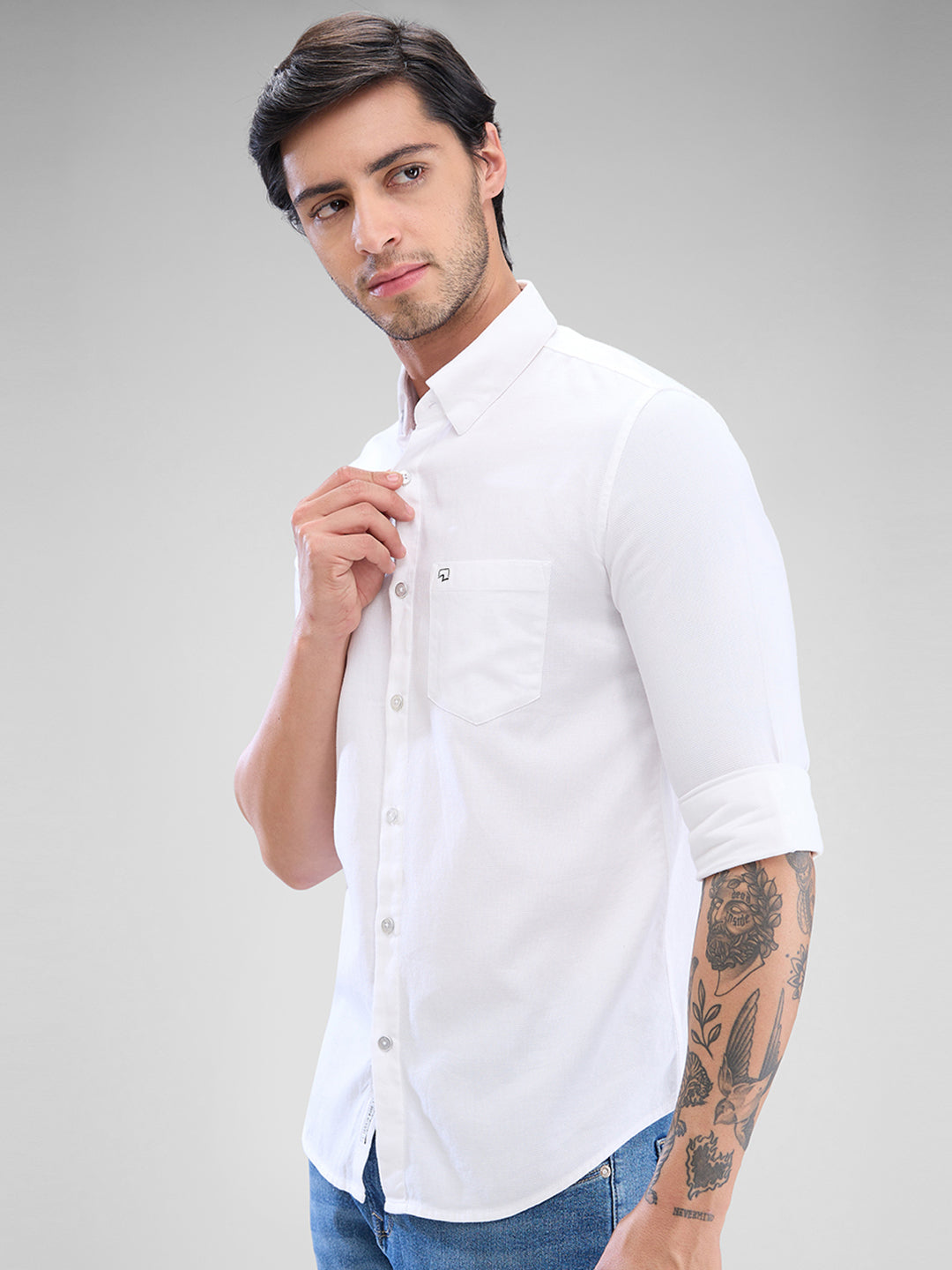 Spykar White Cotton Full Sleeve Raised Collar Shirt For Men