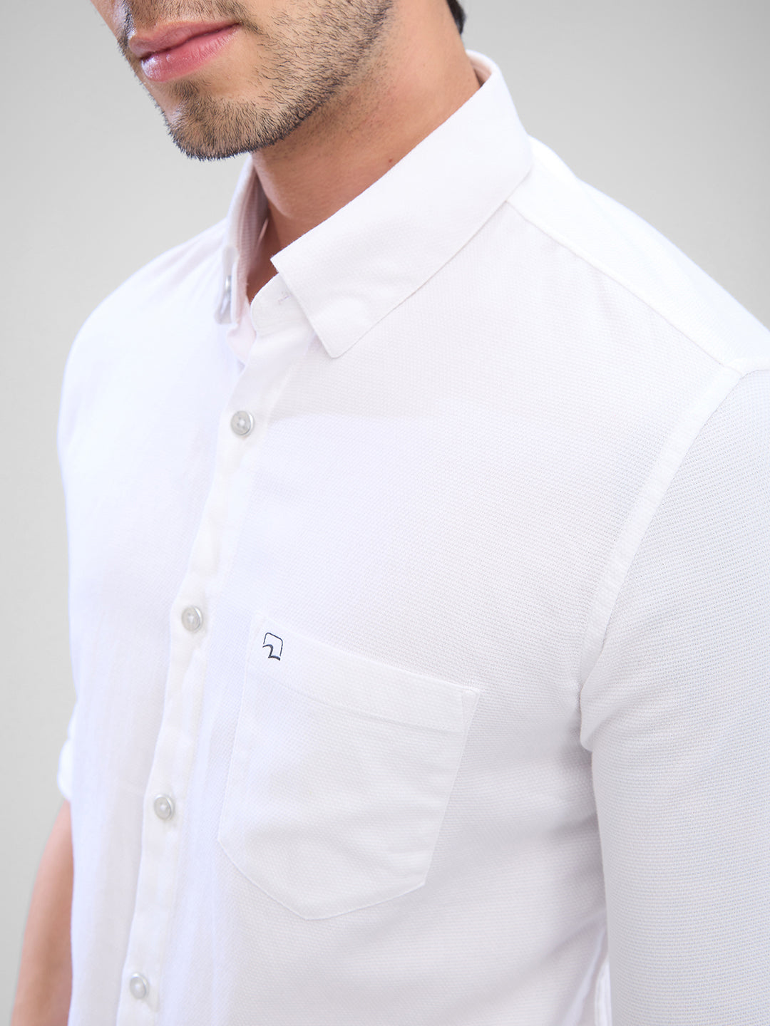 Spykar White Cotton Full Sleeve Raised Collar Shirt For Men