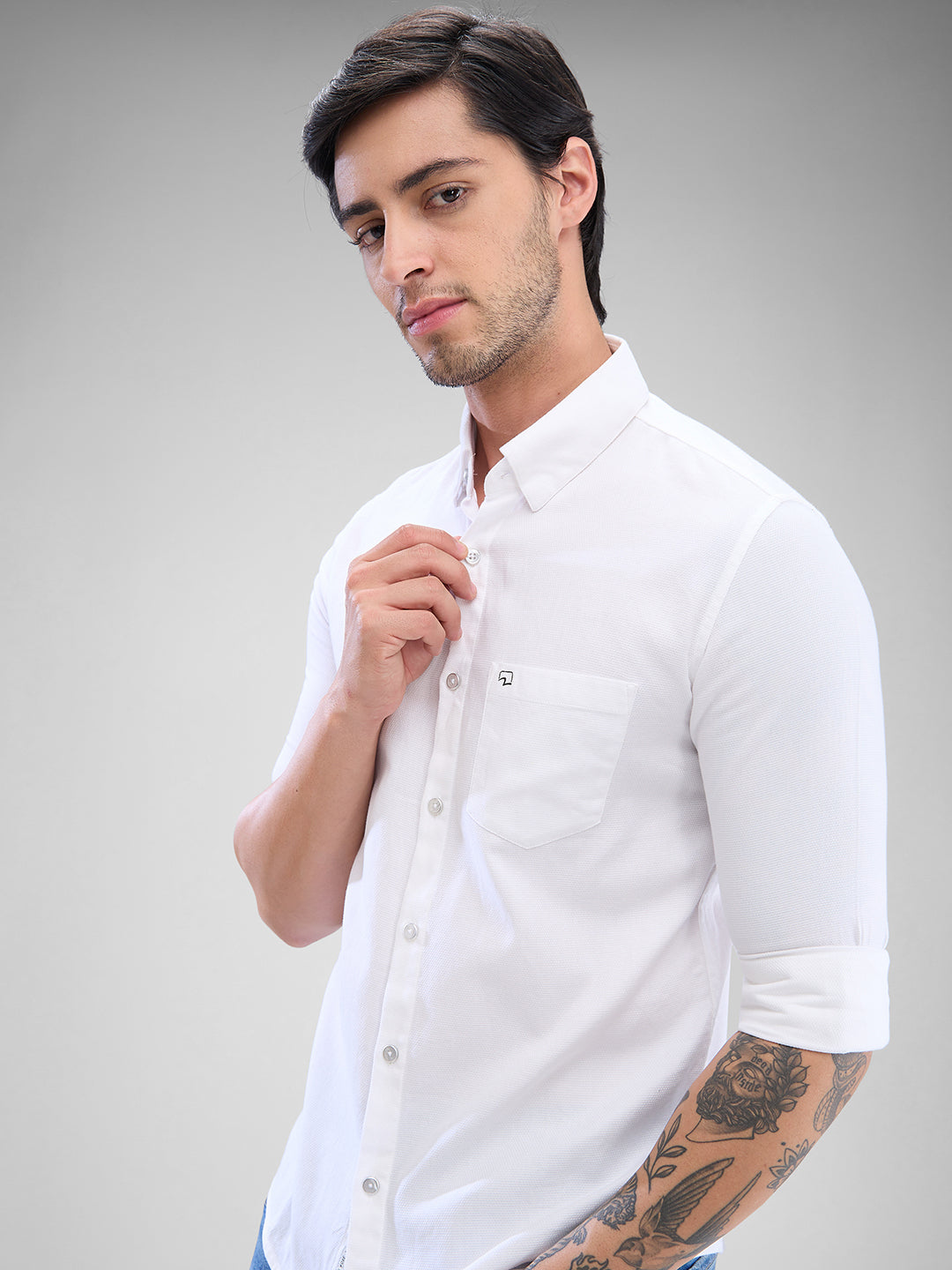 Spykar White Cotton Full Sleeve Raised Collar Shirt For Men