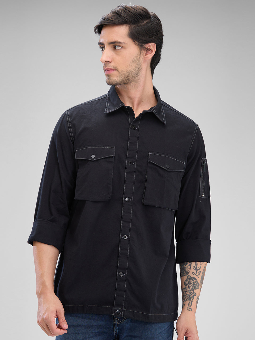 Spykar Black Cotton Full Sleeve Raised Collar Shirt For Men