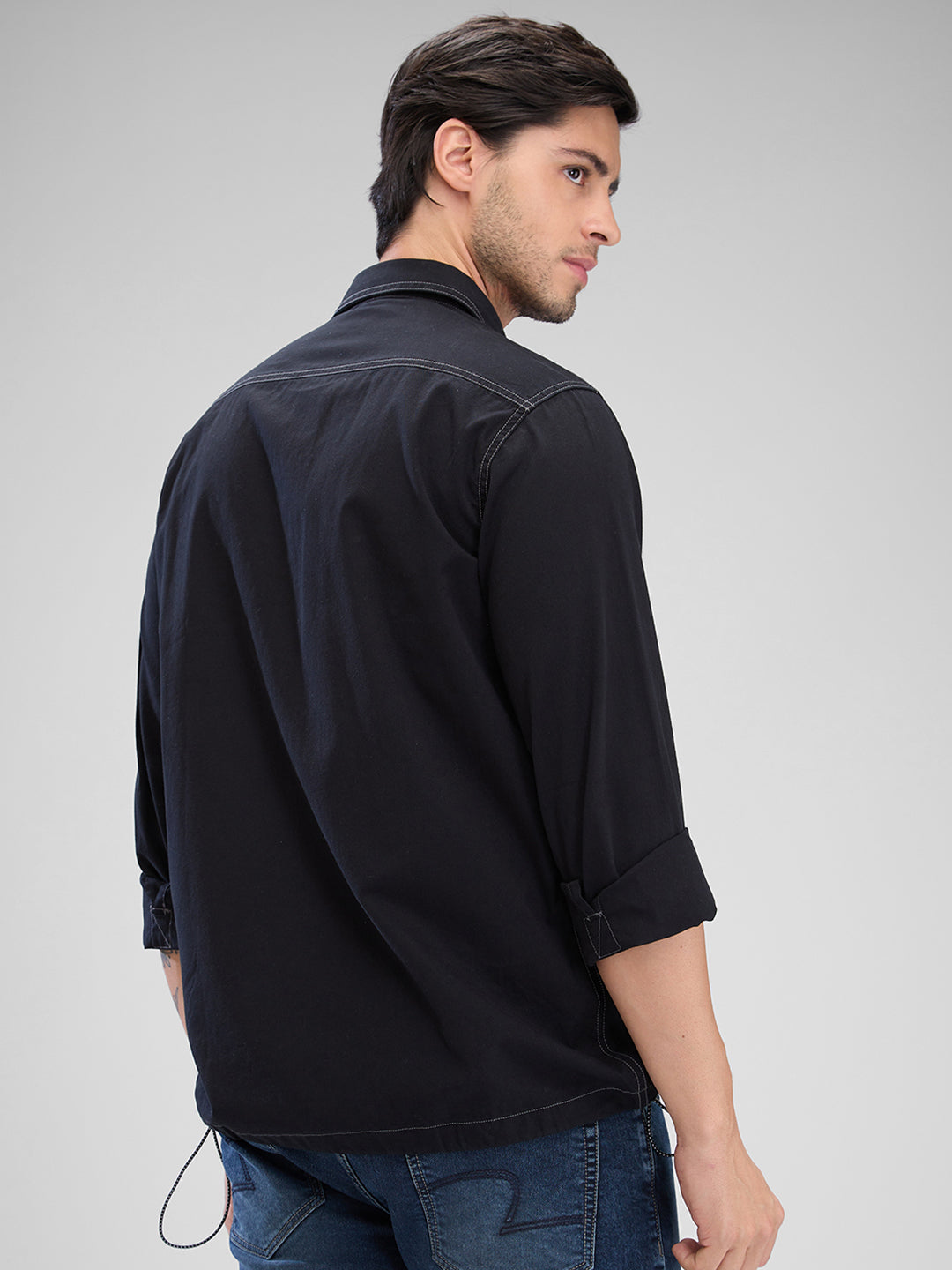 Spykar Black Cotton Full Sleeve Raised Collar Shirt For Men