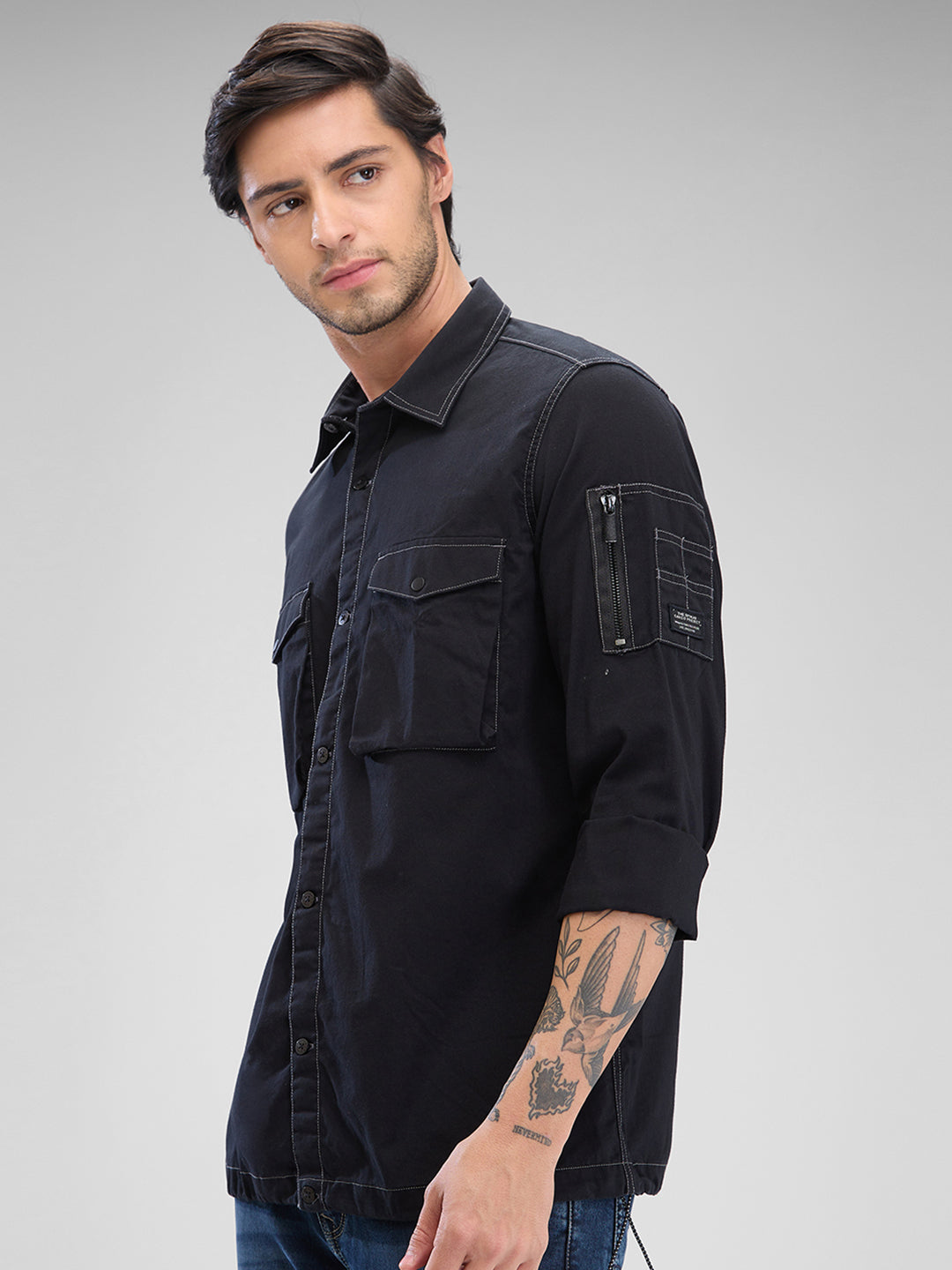 Spykar Black Cotton Full Sleeve Raised Collar Shirt For Men