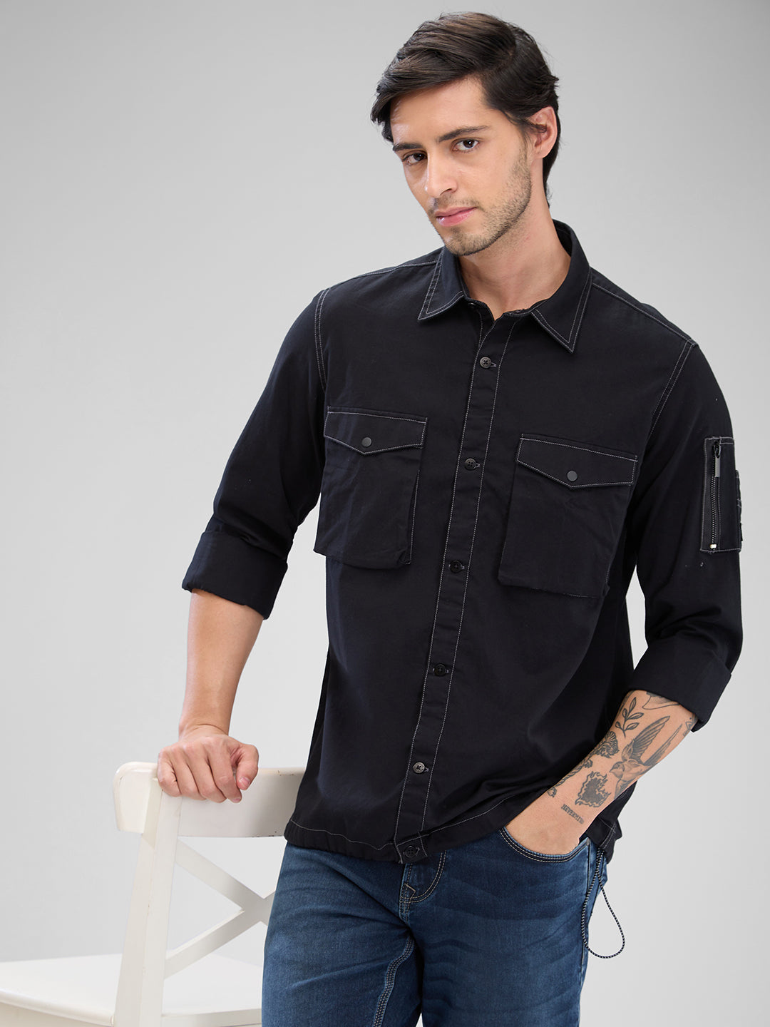 Spykar Black Cotton Full Sleeve Raised Collar Shirt For Men