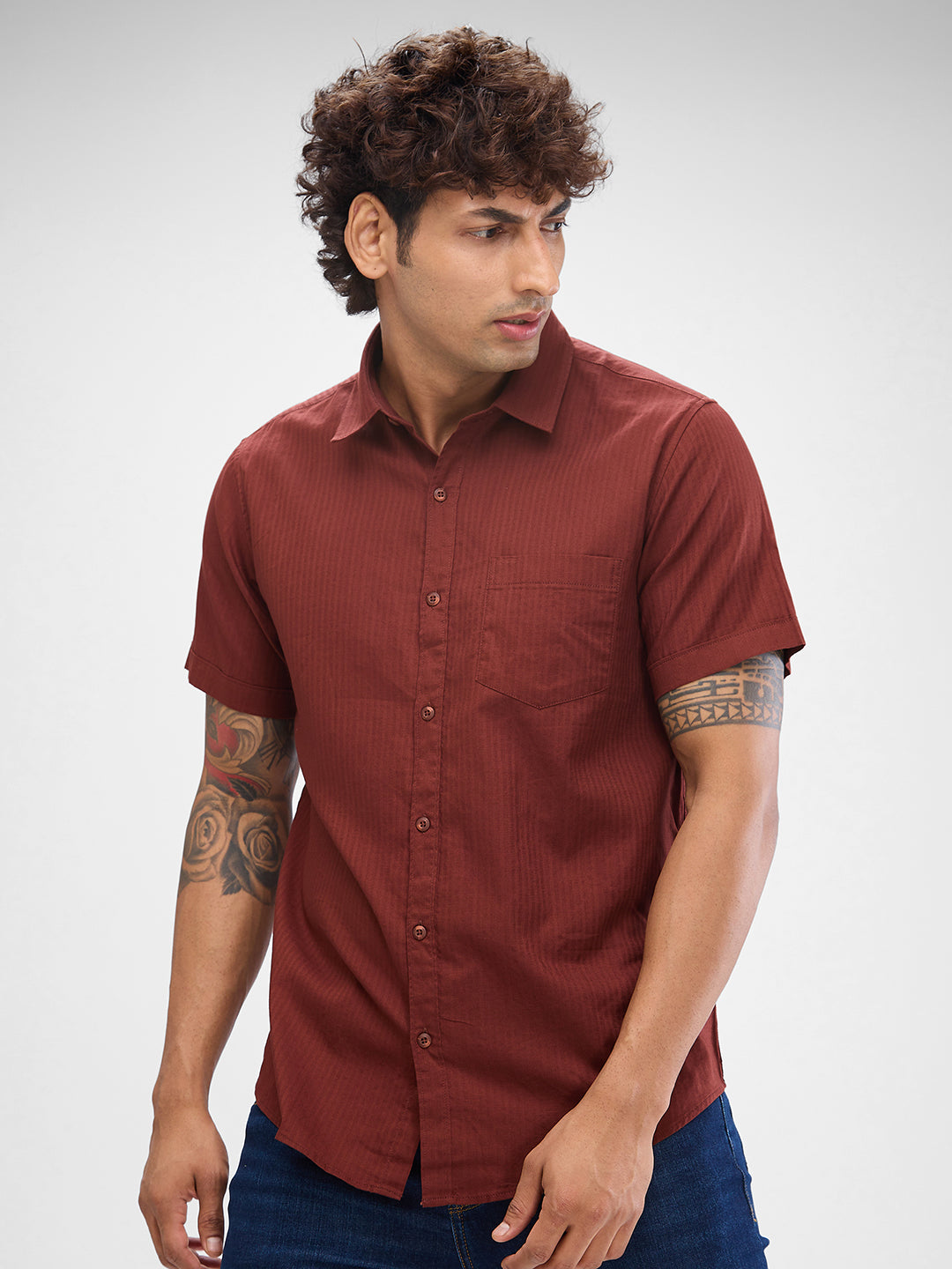 Spykar Brick Red Cotton Half Sleeve Raised Collar Shirt For Men