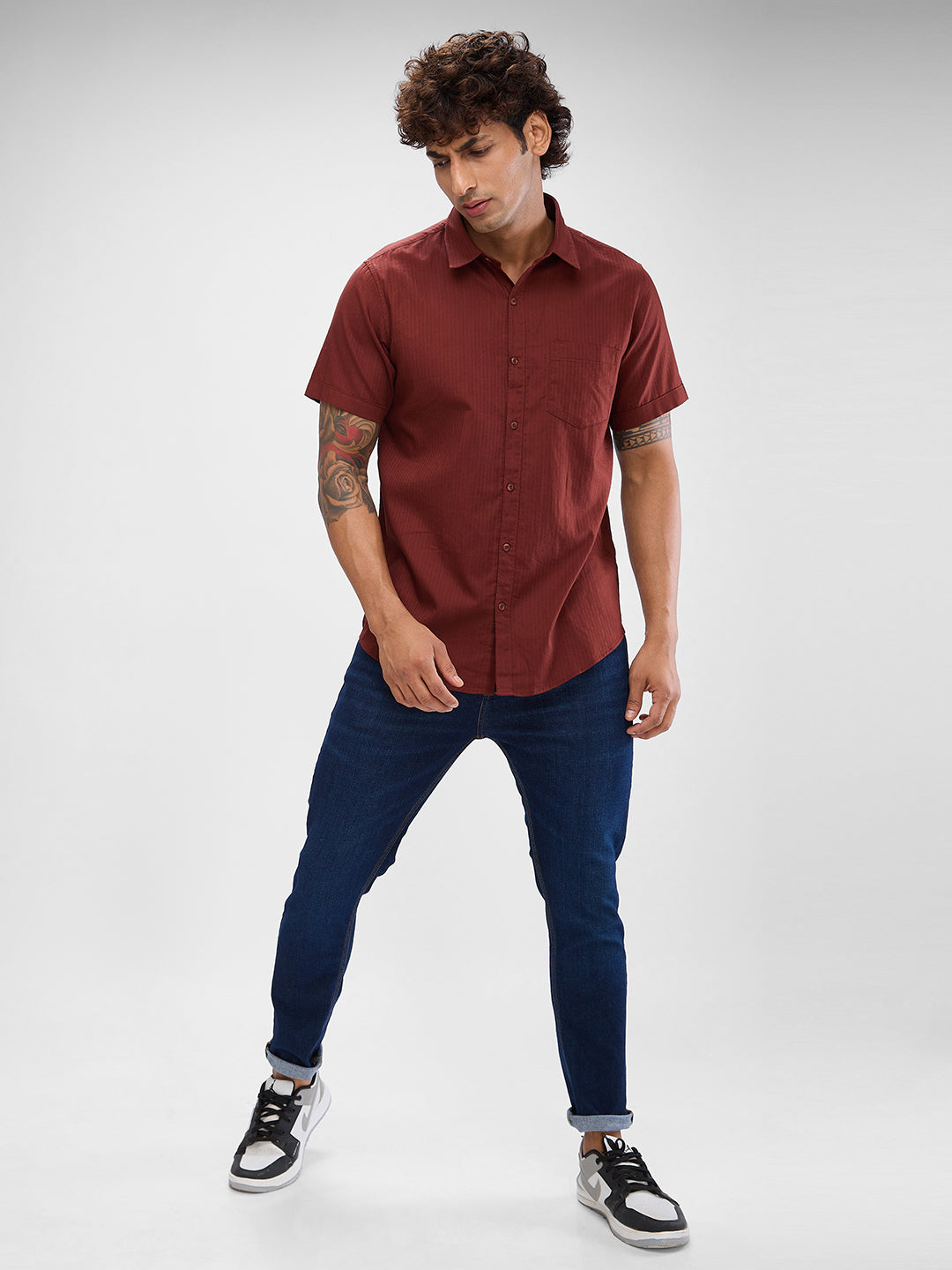 Spykar Brick Red Cotton Half Sleeve Raised Collar Shirt For Men