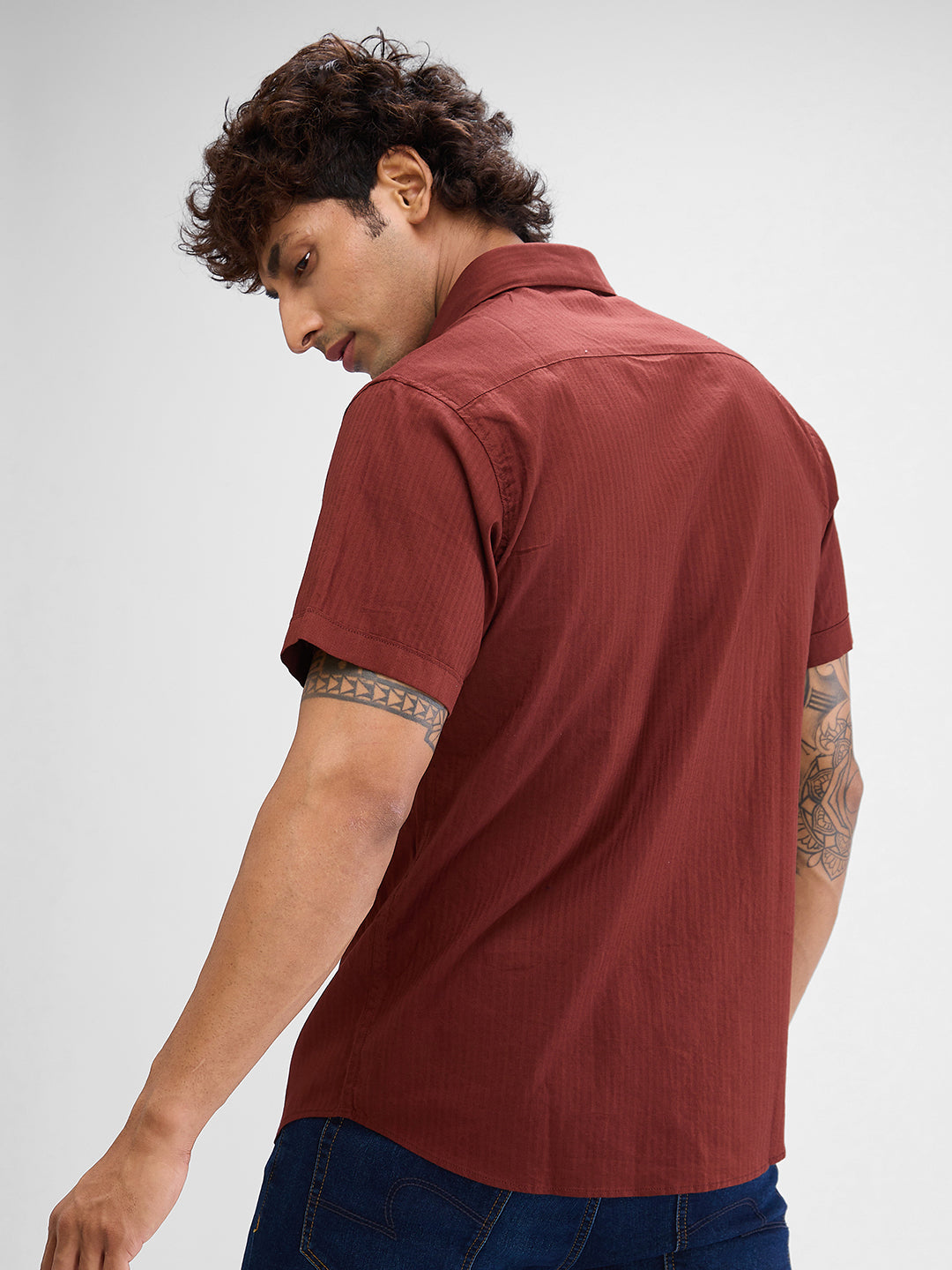 Spykar Brick Red Cotton Half Sleeve Raised Collar Shirt For Men