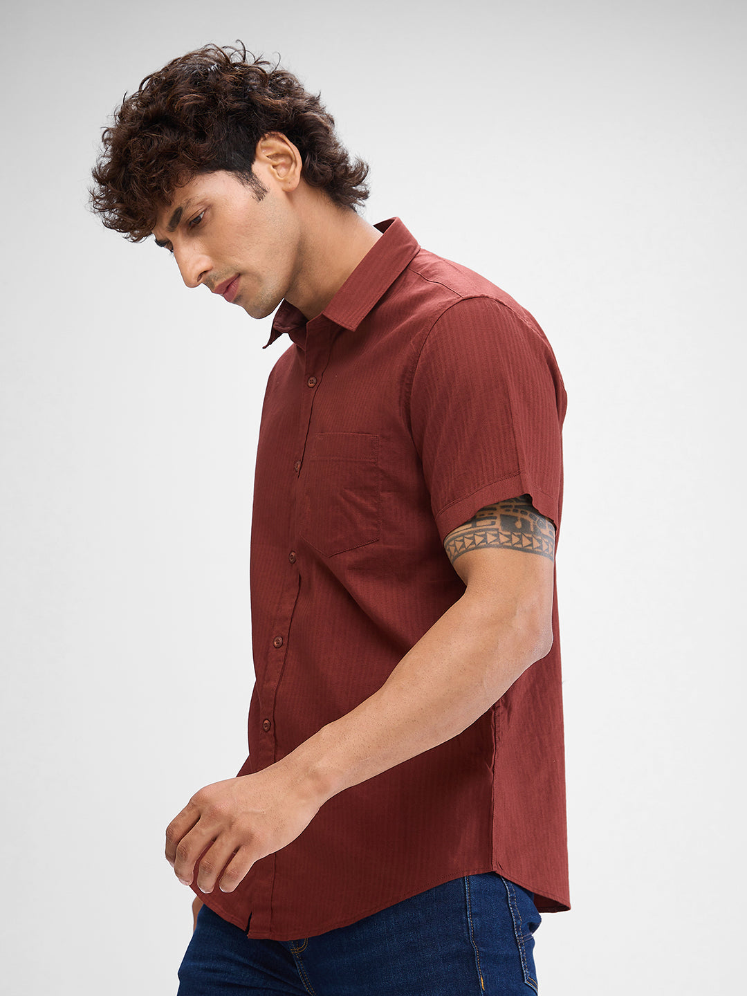 Spykar Brick Red Cotton Half Sleeve Raised Collar Shirt For Men