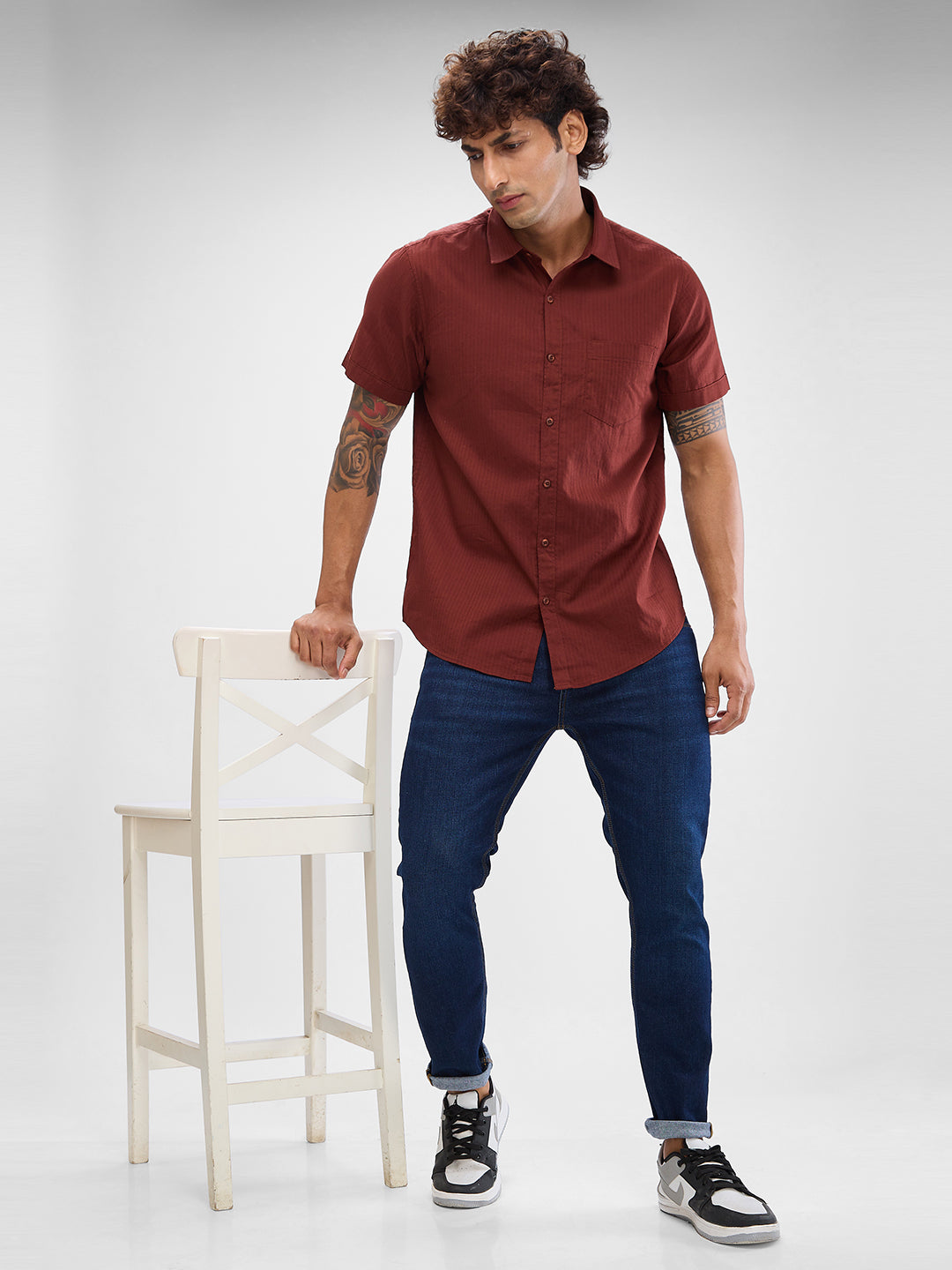 Spykar Brick Red Cotton Half Sleeve Raised Collar Shirt For Men