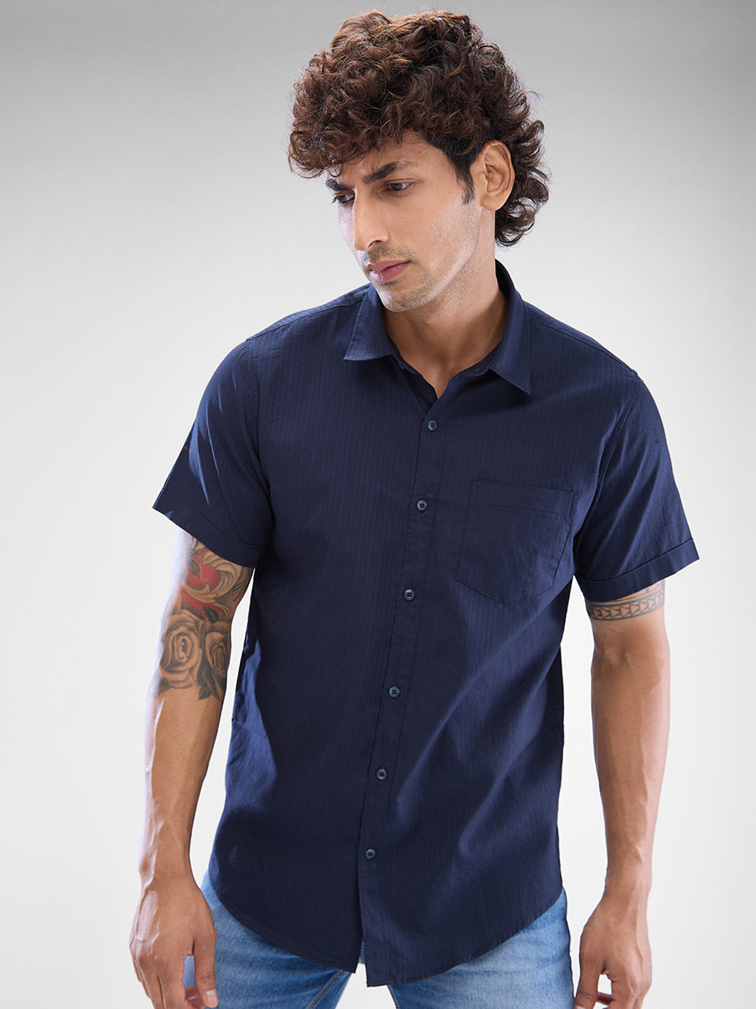 Spykar Navy Blue Cotton Half Sleeve Raised Collar Shirt For Men