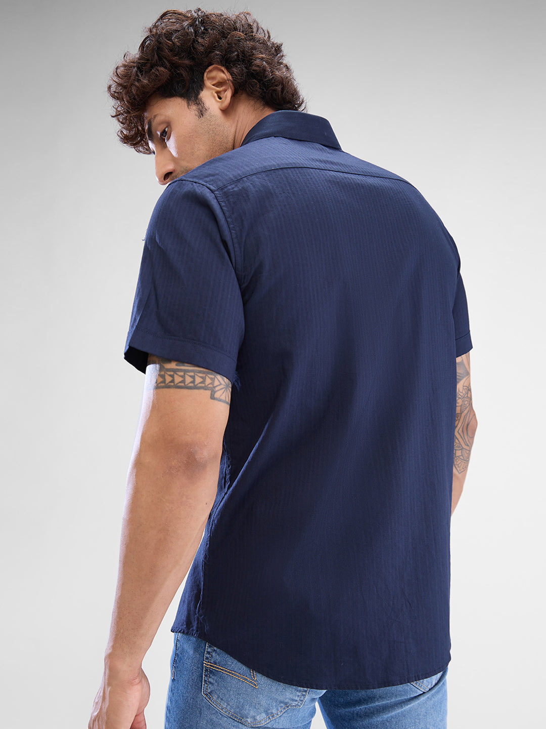 Spykar Navy Blue Cotton Half Sleeve Raised Collar Shirt For Men