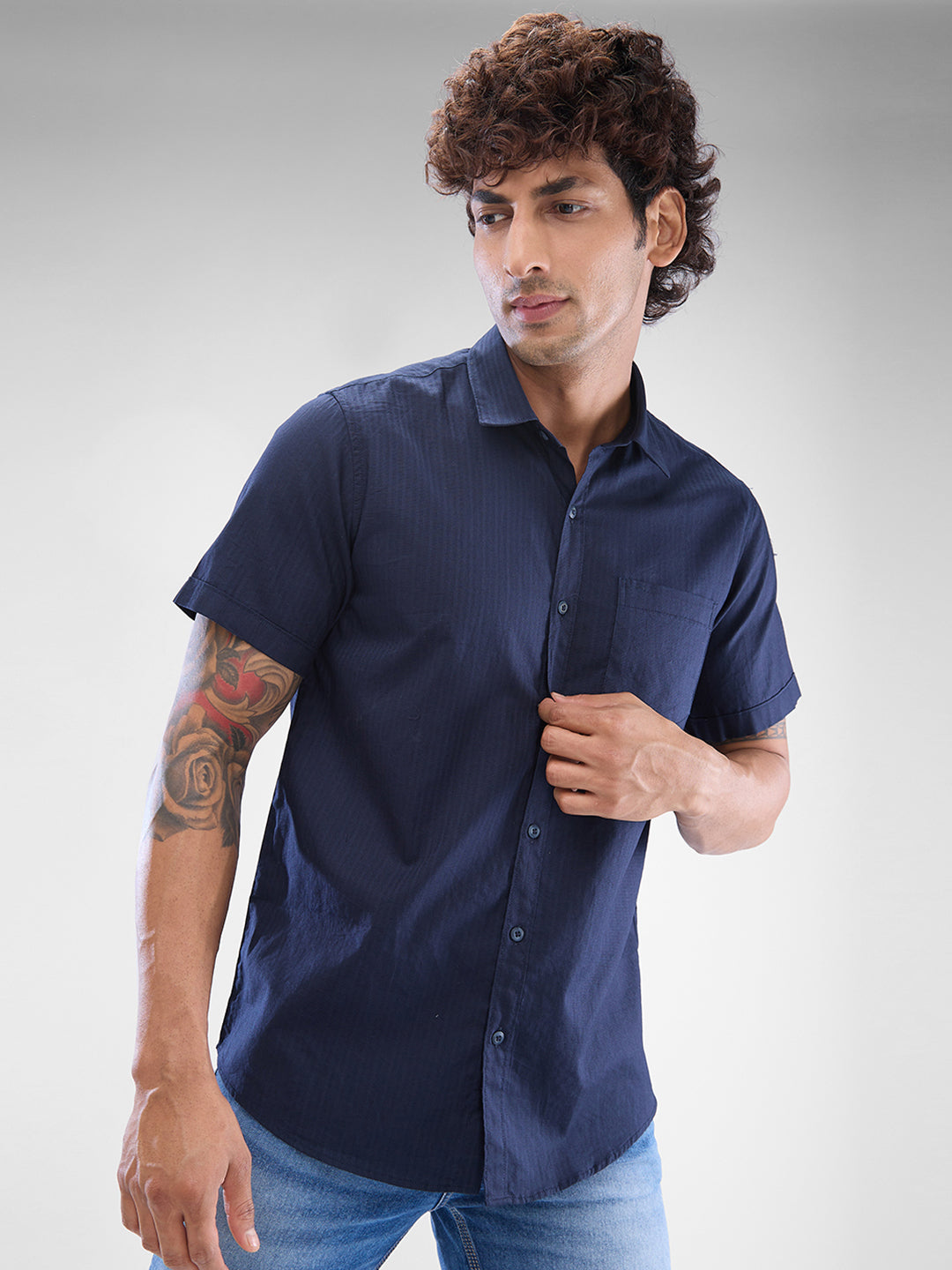 Spykar Navy Blue Cotton Half Sleeve Raised Collar Shirt For Men