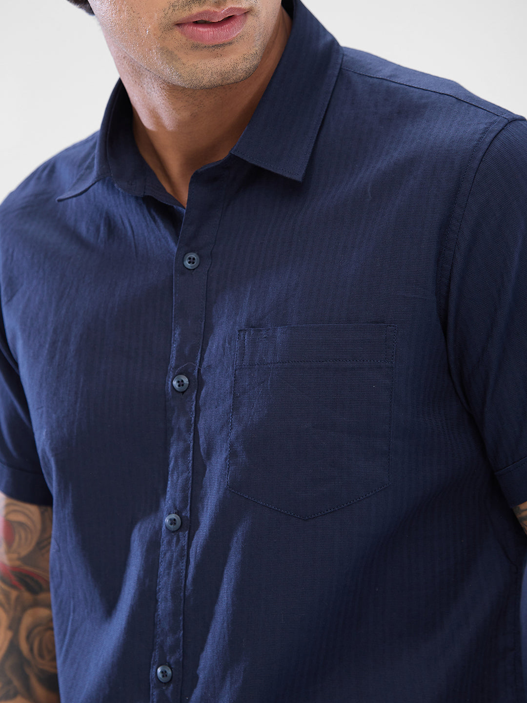 Spykar Navy Blue Cotton Half Sleeve Raised Collar Shirt For Men