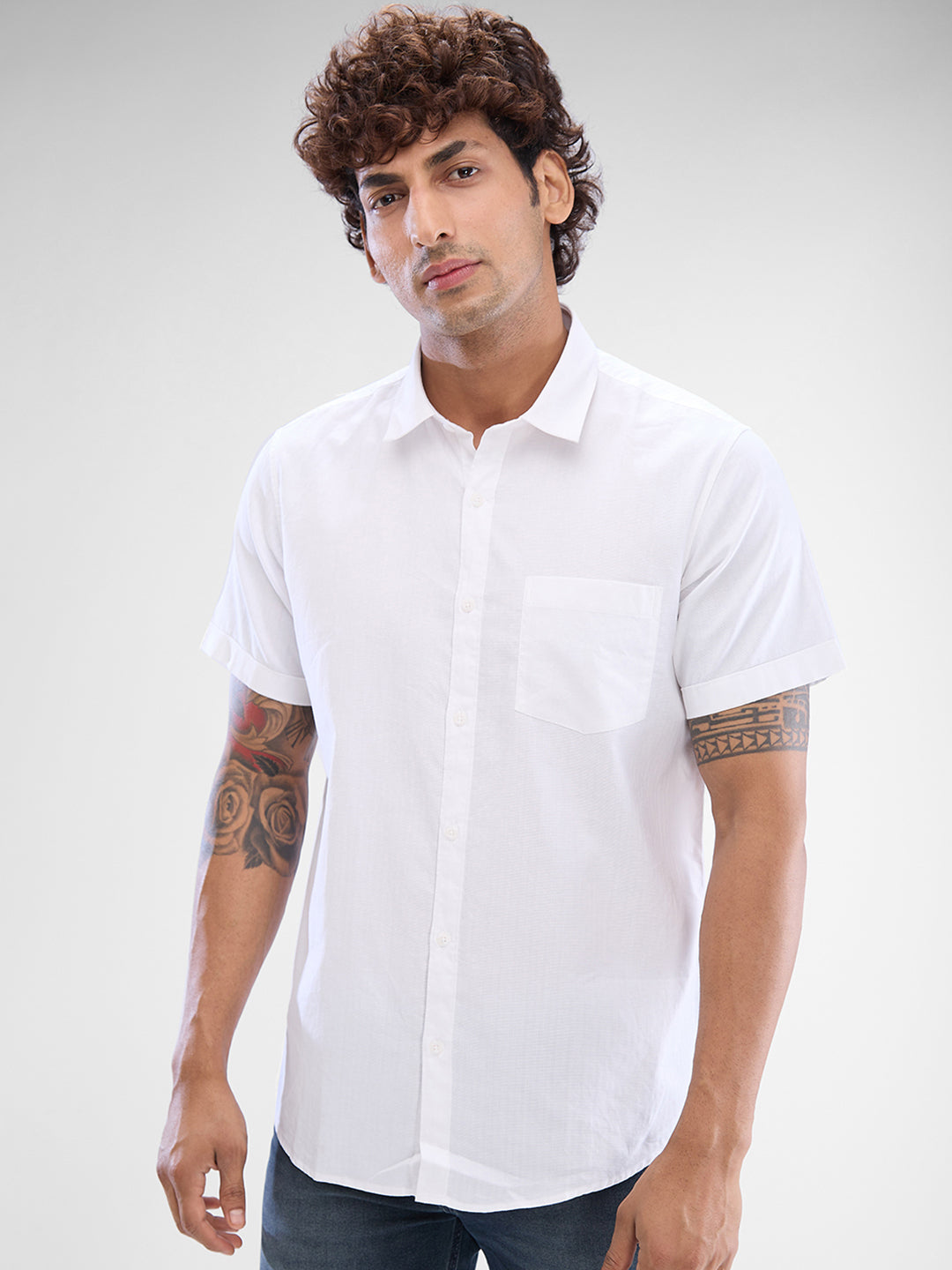 Spykar White Cotton Half Sleeve Raised Collar Shirt For Men