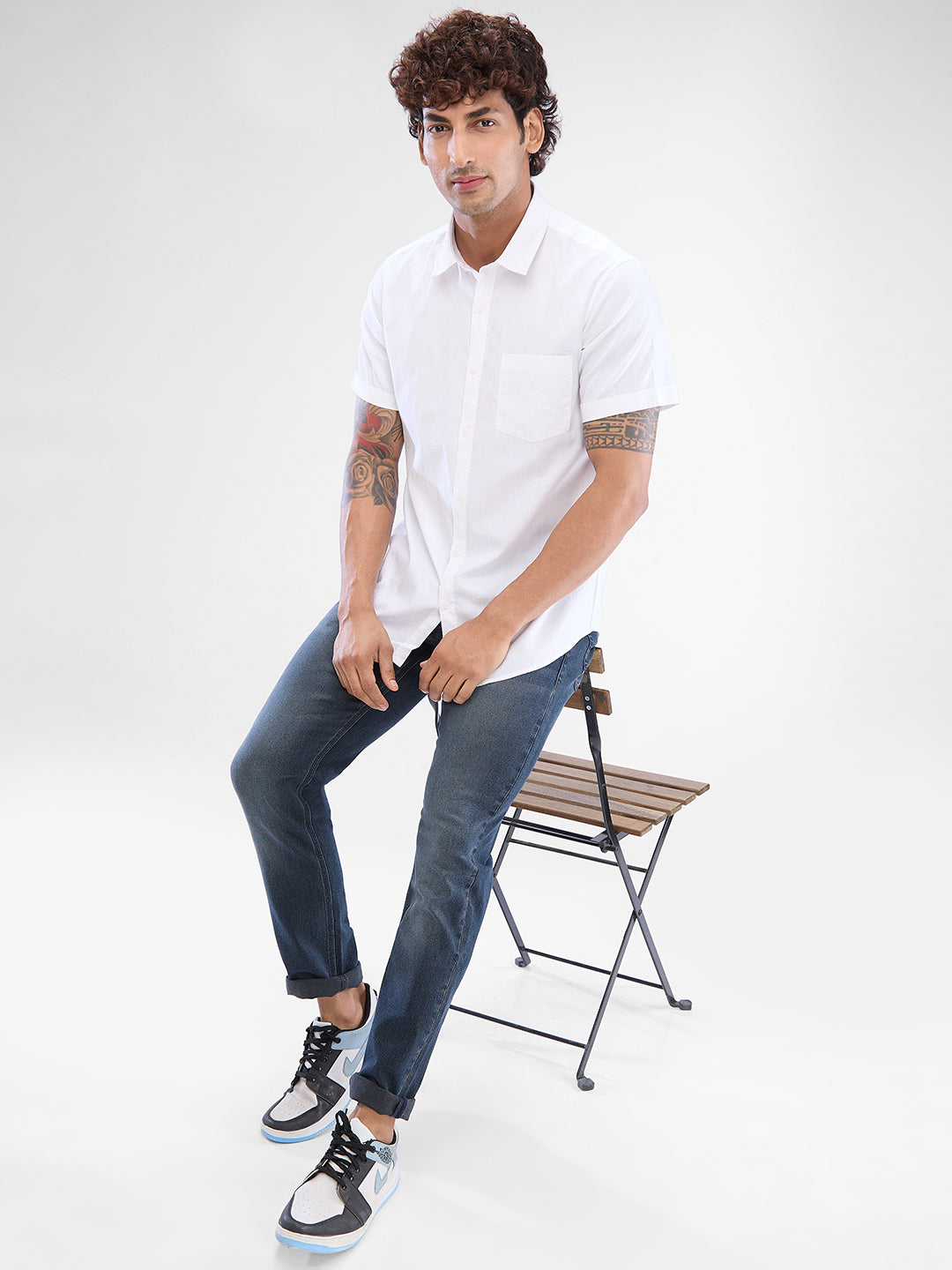 Spykar White Cotton Half Sleeve Raised Collar Shirt For Men