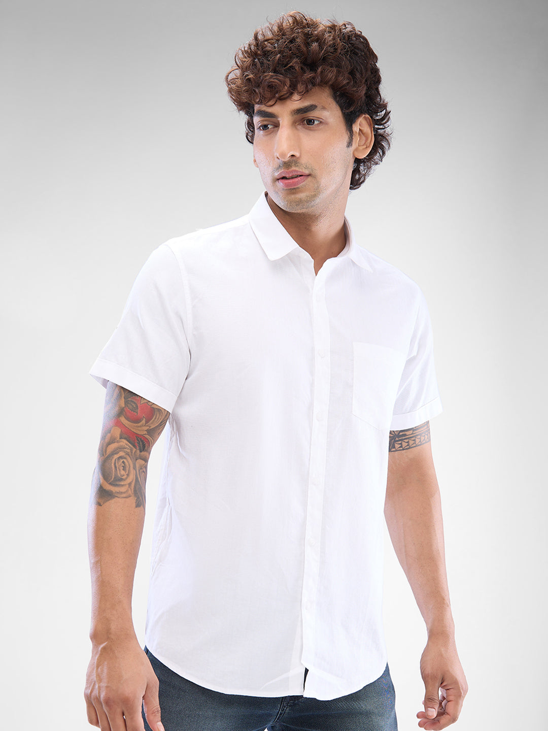 Spykar White Cotton Half Sleeve Raised Collar Shirt For Men