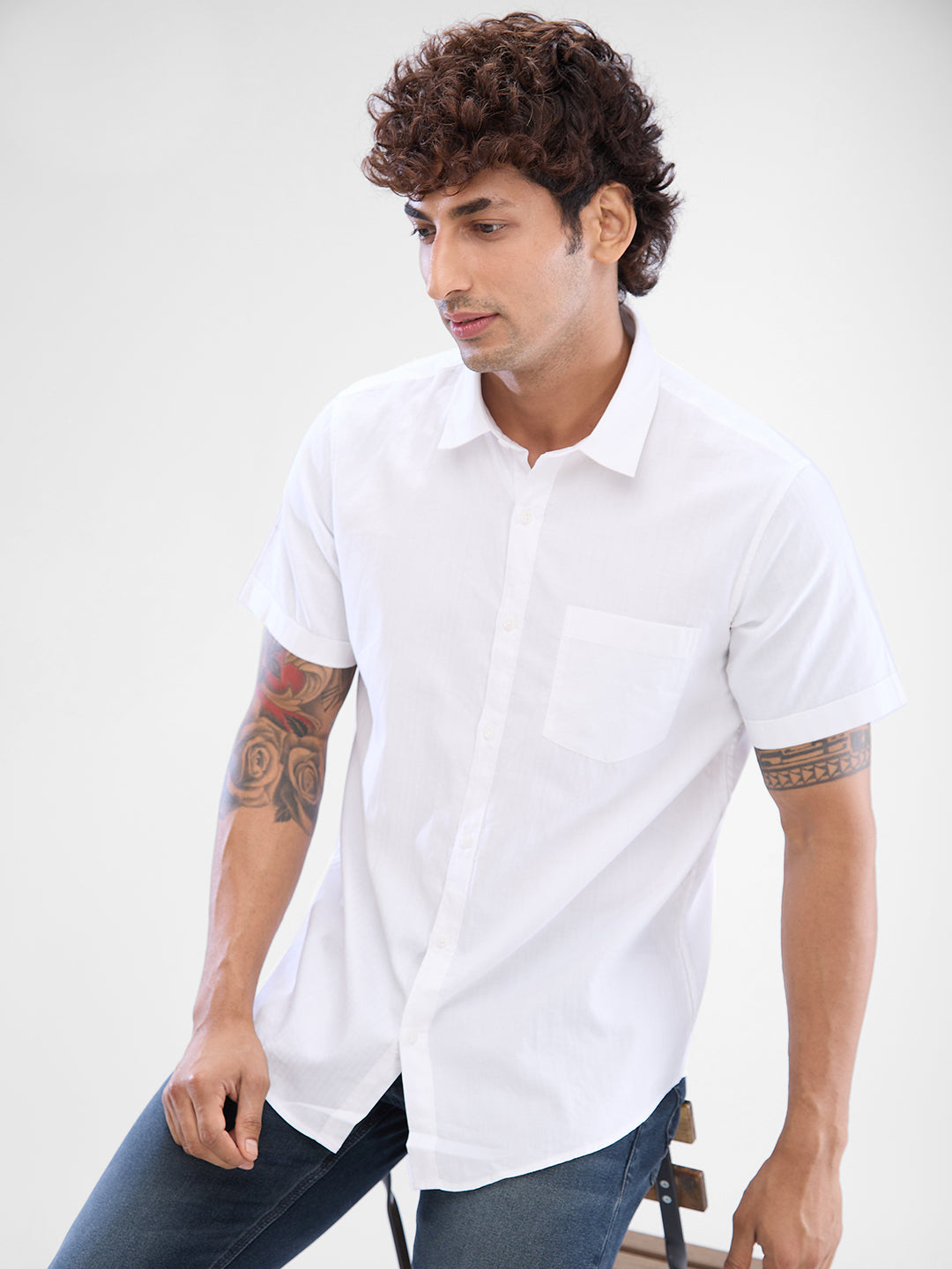 Spykar White Cotton Half Sleeve Raised Collar Shirt For Men