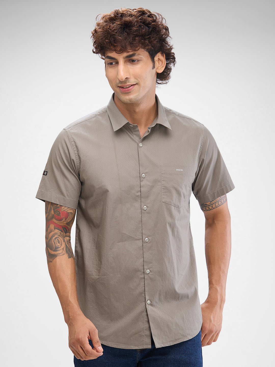 Spykar Silver Grey Cotton Half Sleeve Raised Collar Shirt For Men