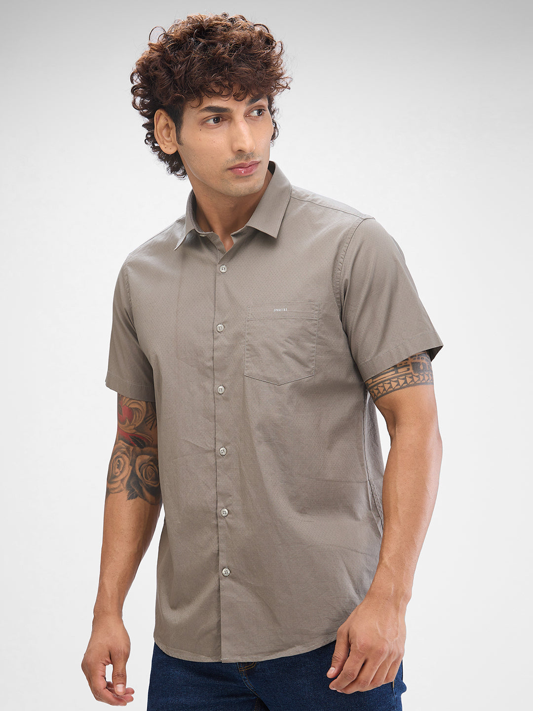 Spykar Silver Grey Cotton Half Sleeve Raised Collar Shirt For Men