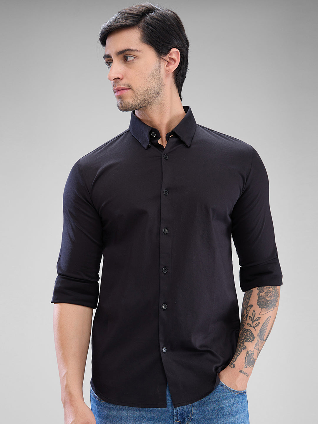 Spykar Black Cotton Full Sleeve Raised Collar Shirt For Men