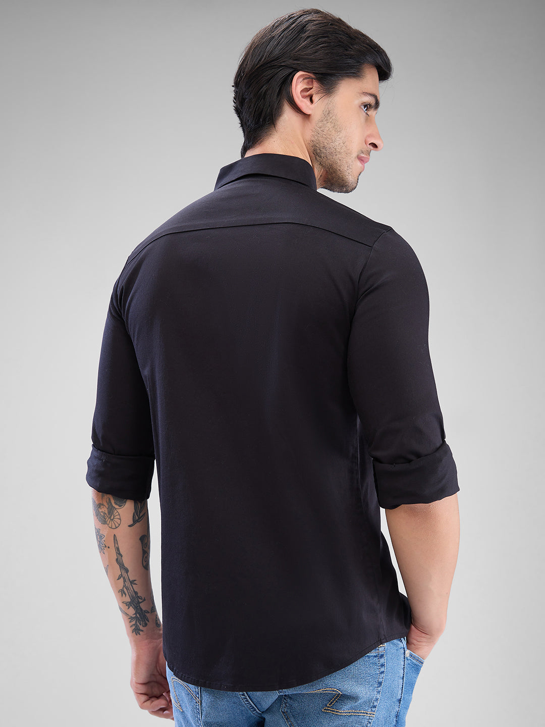 Spykar Black Cotton Full Sleeve Raised Collar Shirt For Men