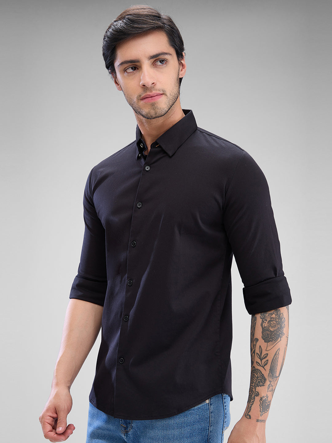 Spykar Black Cotton Full Sleeve Raised Collar Shirt For Men