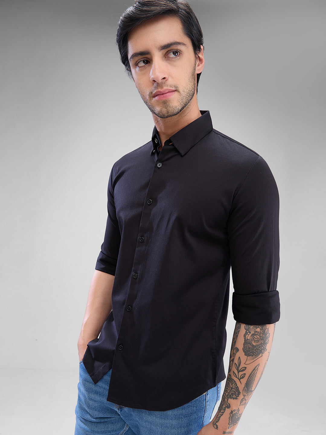 Spykar Black Cotton Full Sleeve Raised Collar Shirt For Men