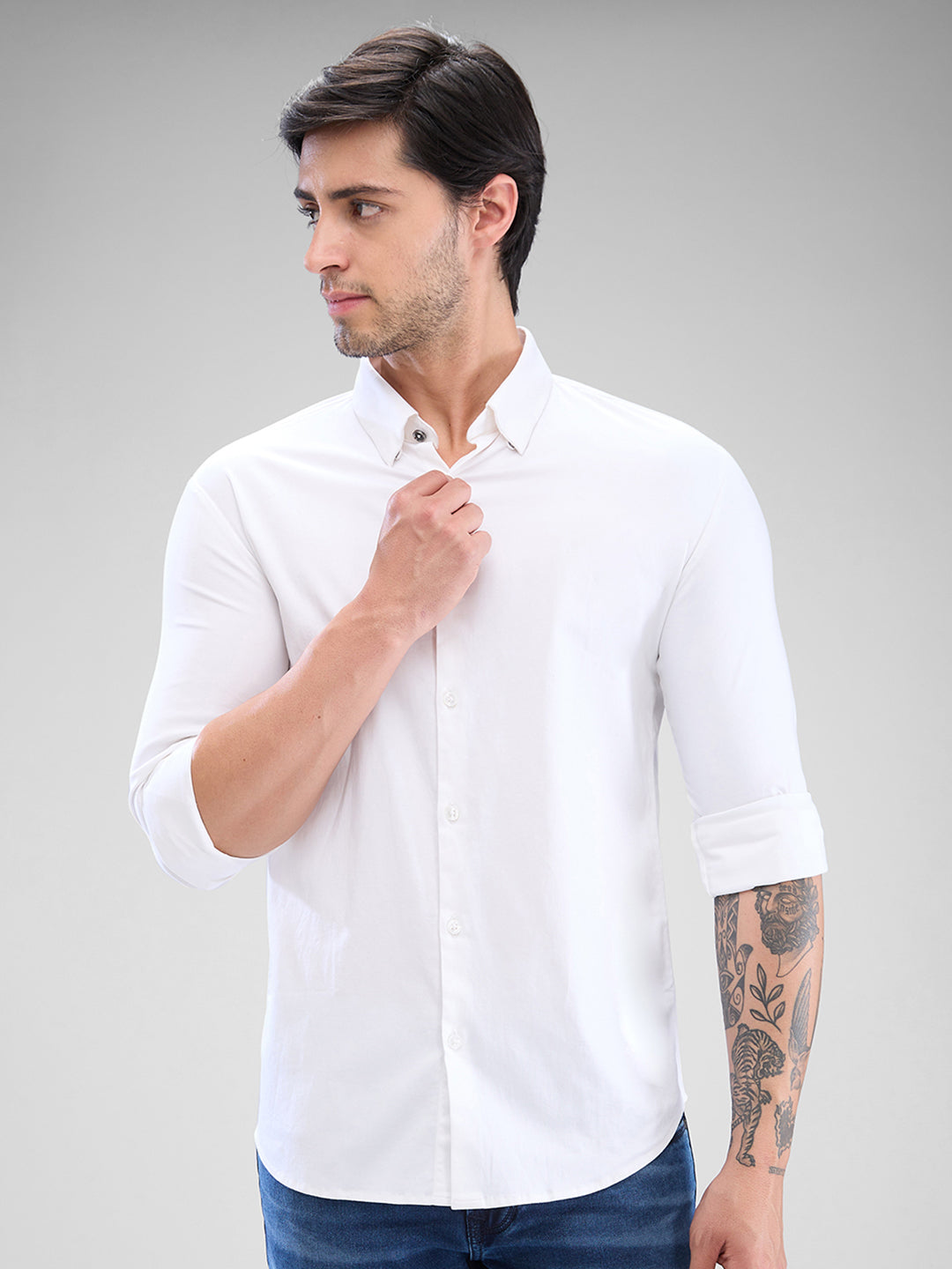 Spykar White Cotton Full Sleeve Raised Collar Shirt For Men