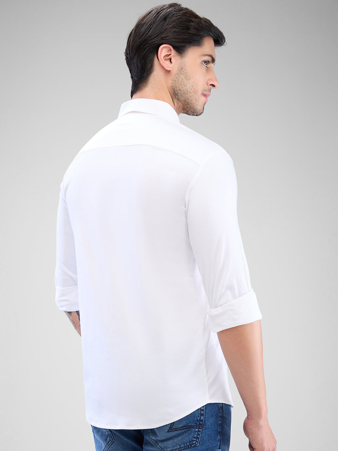 Spykar White Cotton Full Sleeve Raised Collar Shirt For Men