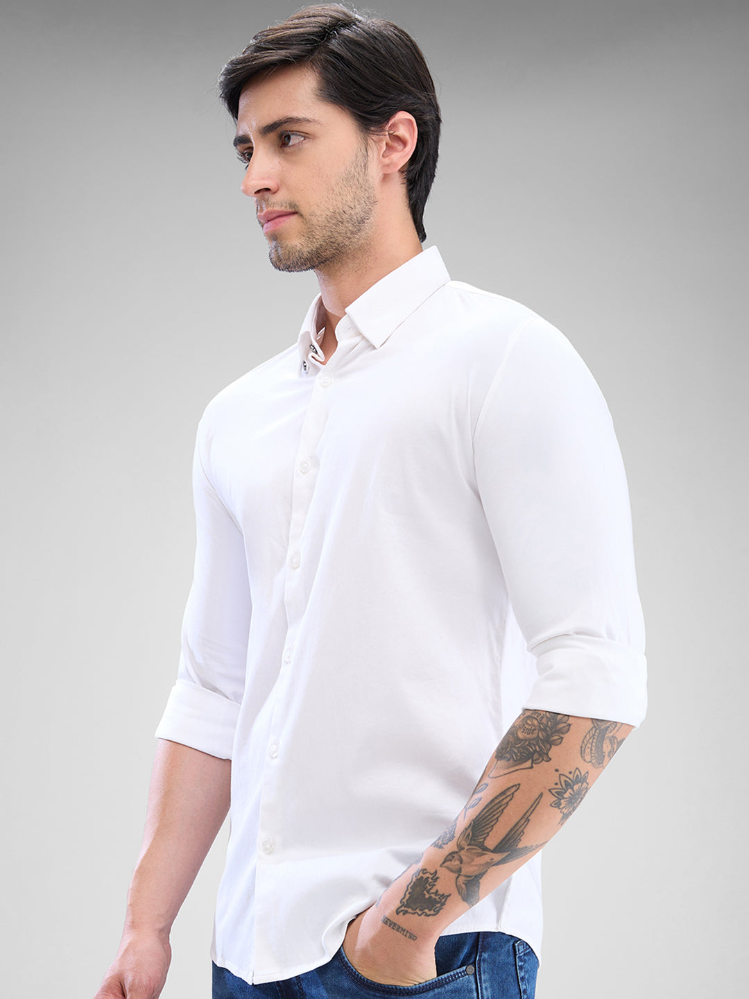 Spykar White Cotton Full Sleeve Raised Collar Shirt For Men