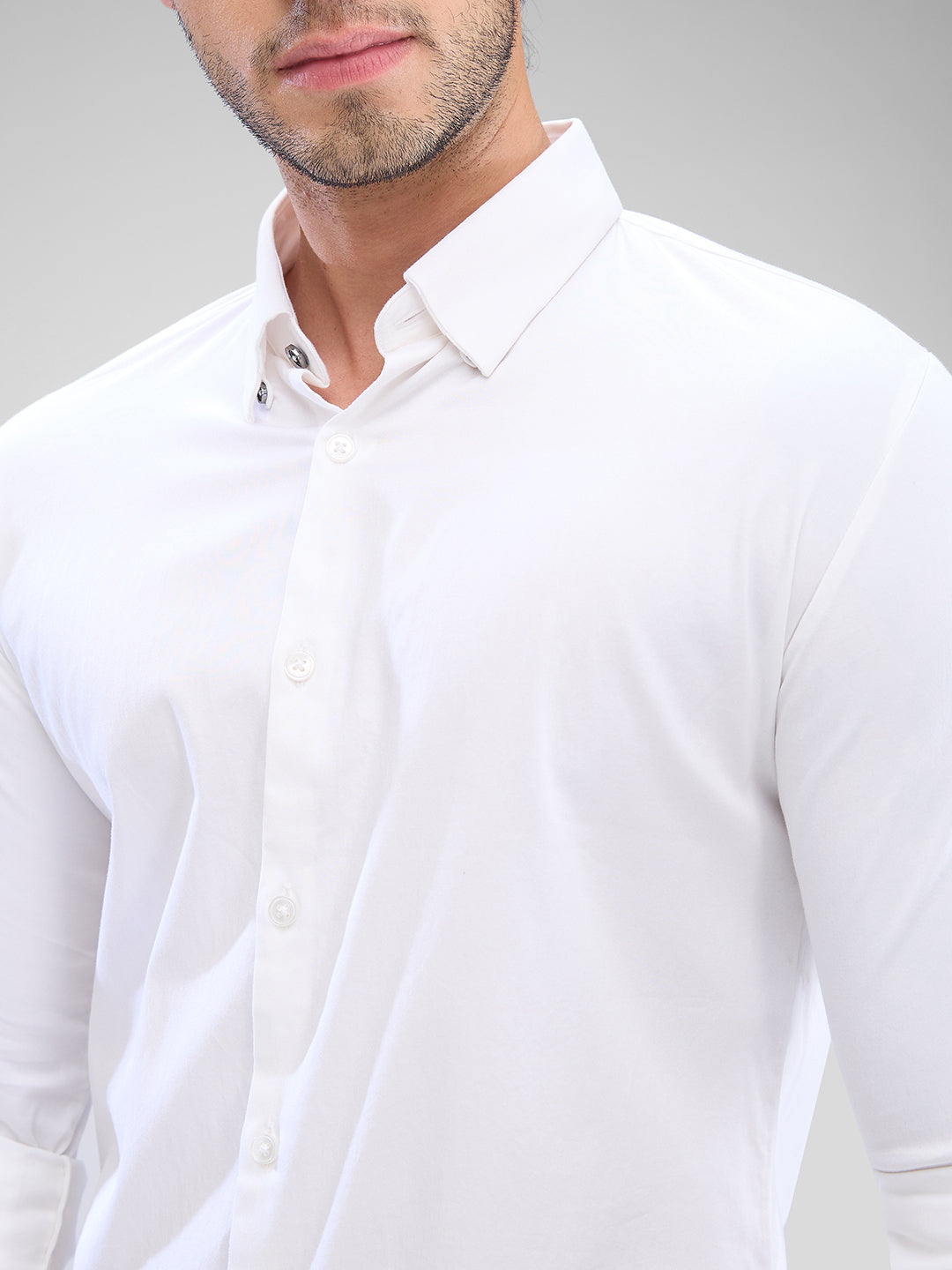 Spykar White Cotton Full Sleeve Raised Collar Shirt For Men