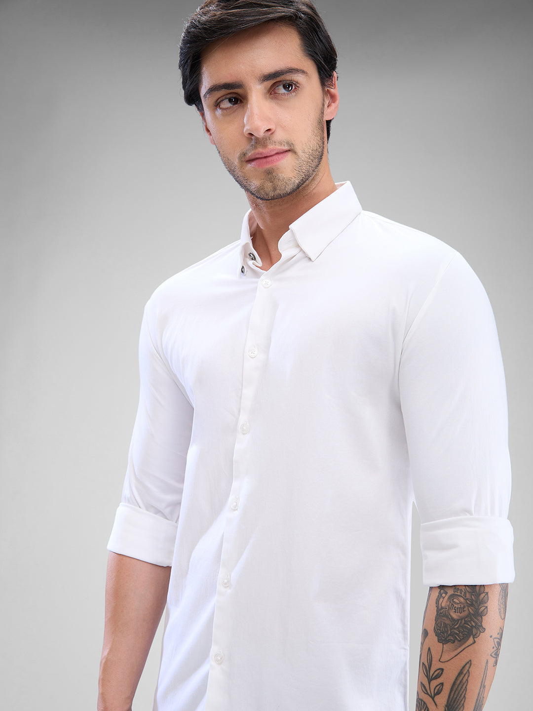 Spykar White Cotton Full Sleeve Raised Collar Shirt For Men