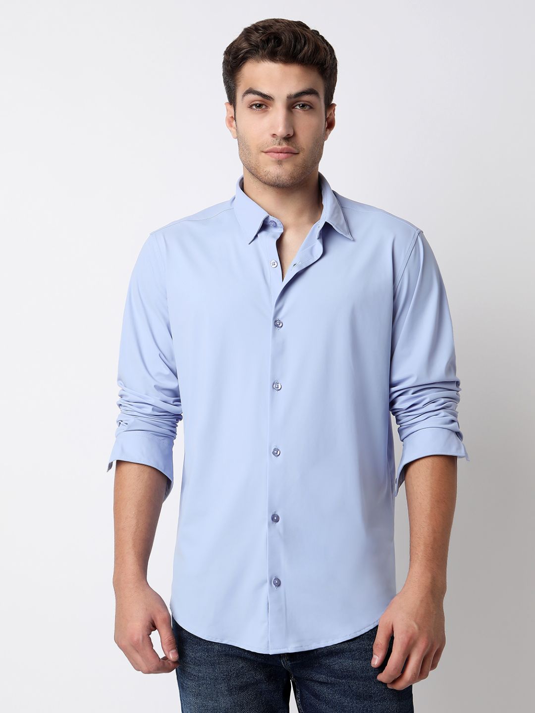 Spykar Heron Blue Full Sleeves Raised Collar Shirt For Men