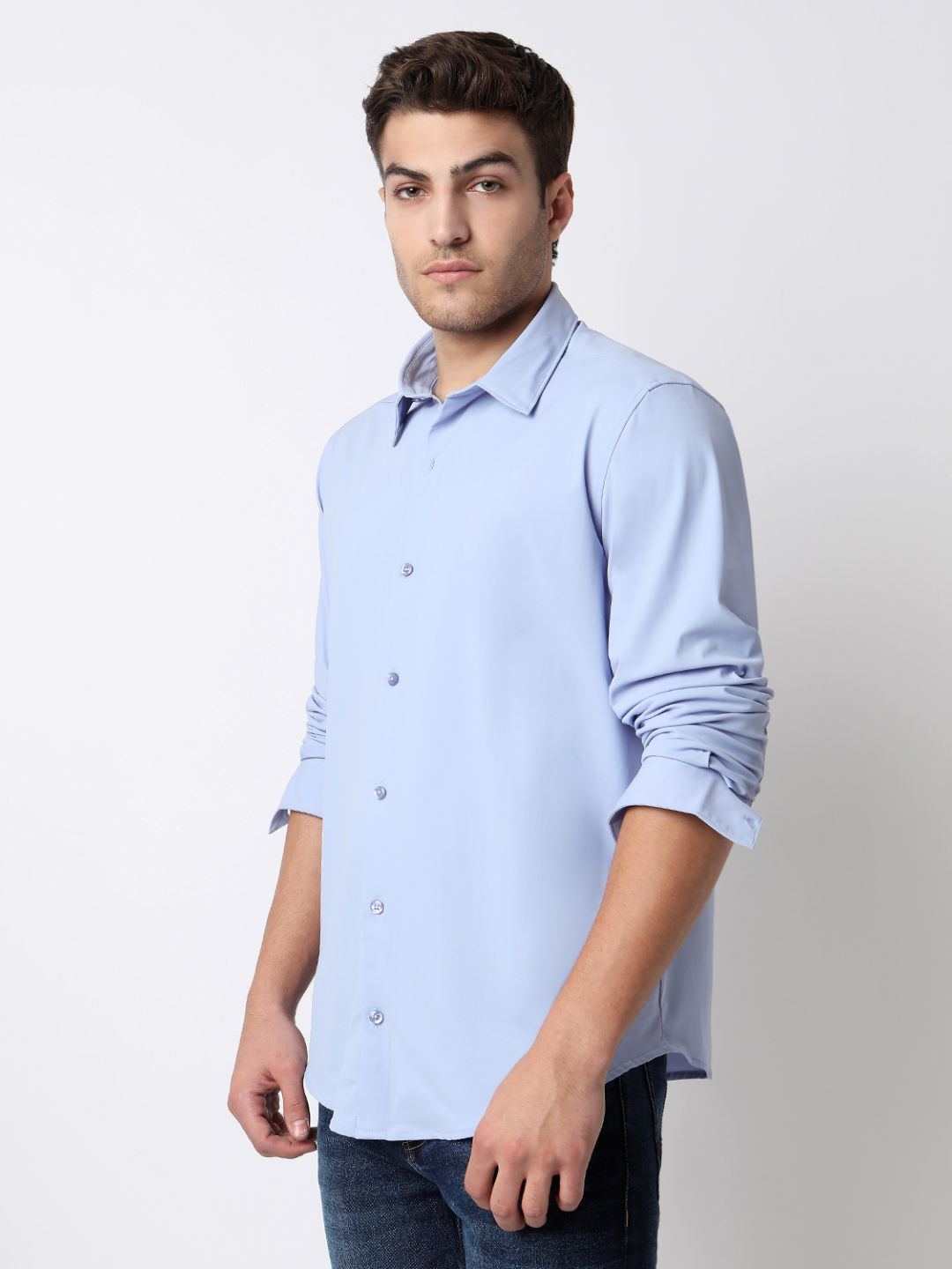 Spykar Heron Blue Full Sleeves Raised Collar Shirt For Men