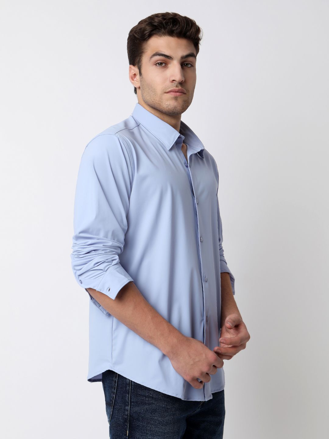 Spykar Heron Blue Full Sleeves Raised Collar Shirt For Men