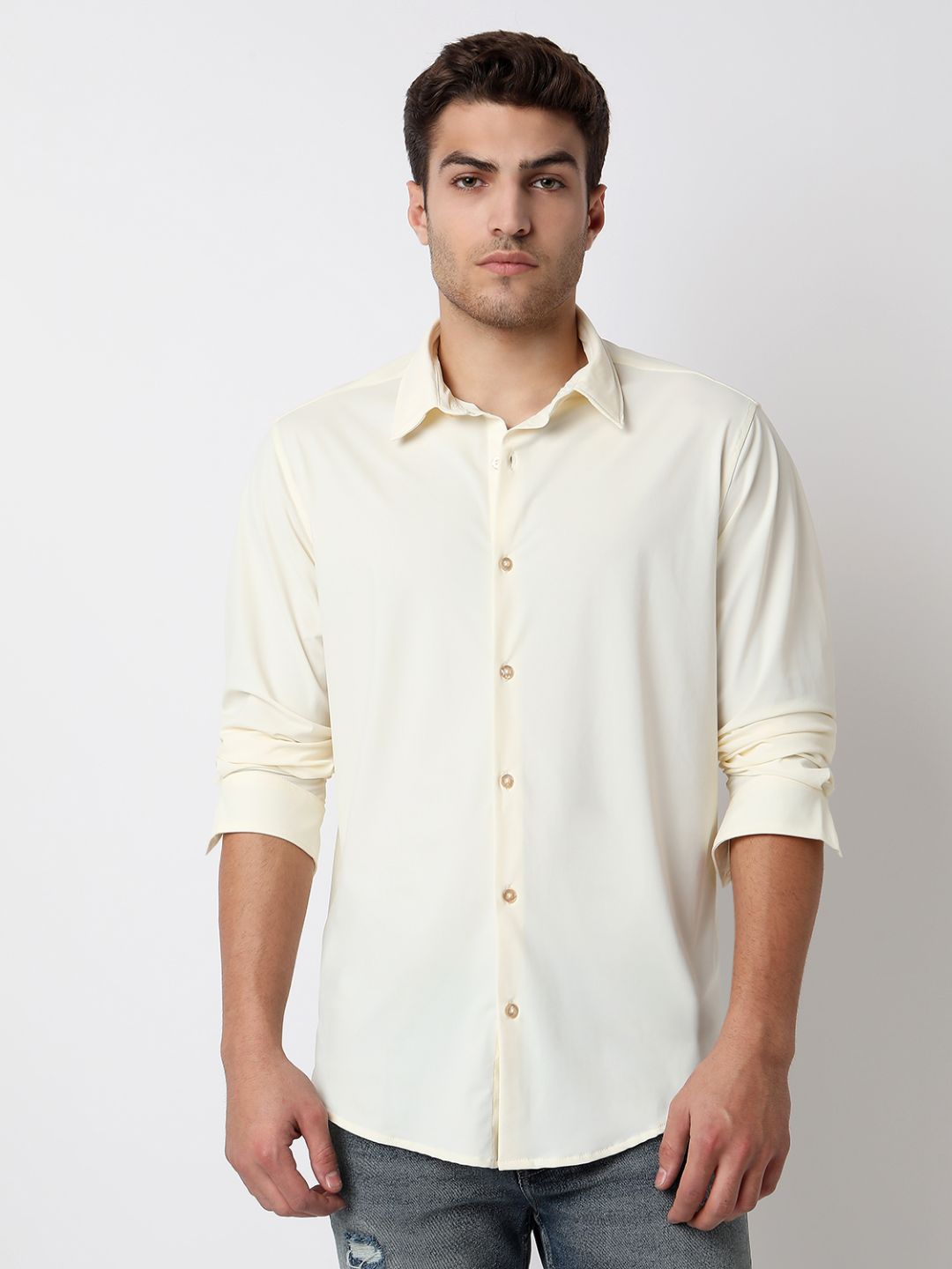 Spykar Off White Full Sleeves Raised Collar Shirt For Men