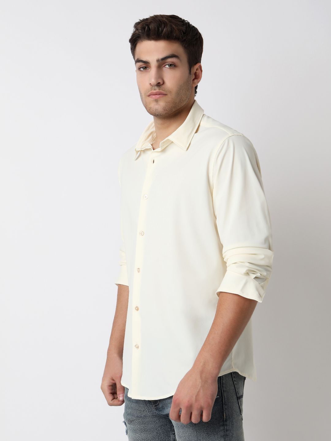 Spykar Off White Full Sleeves Raised Collar Shirt For Men