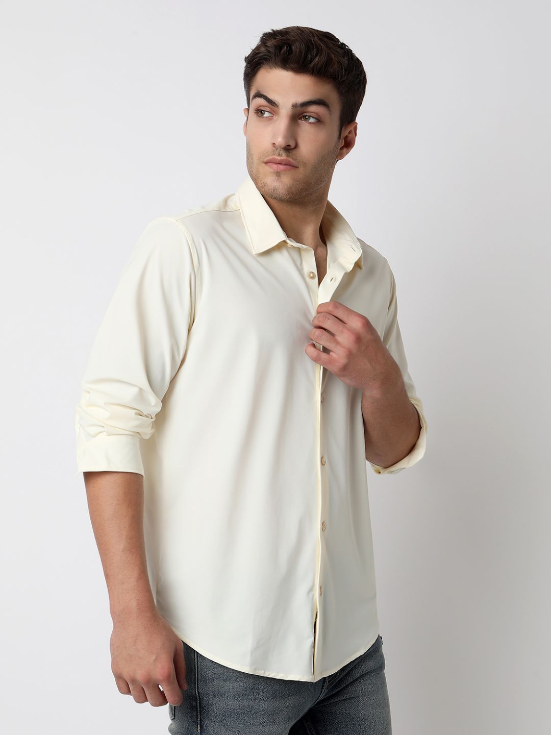 Spykar Off White Full Sleeves Raised Collar Shirt For Men