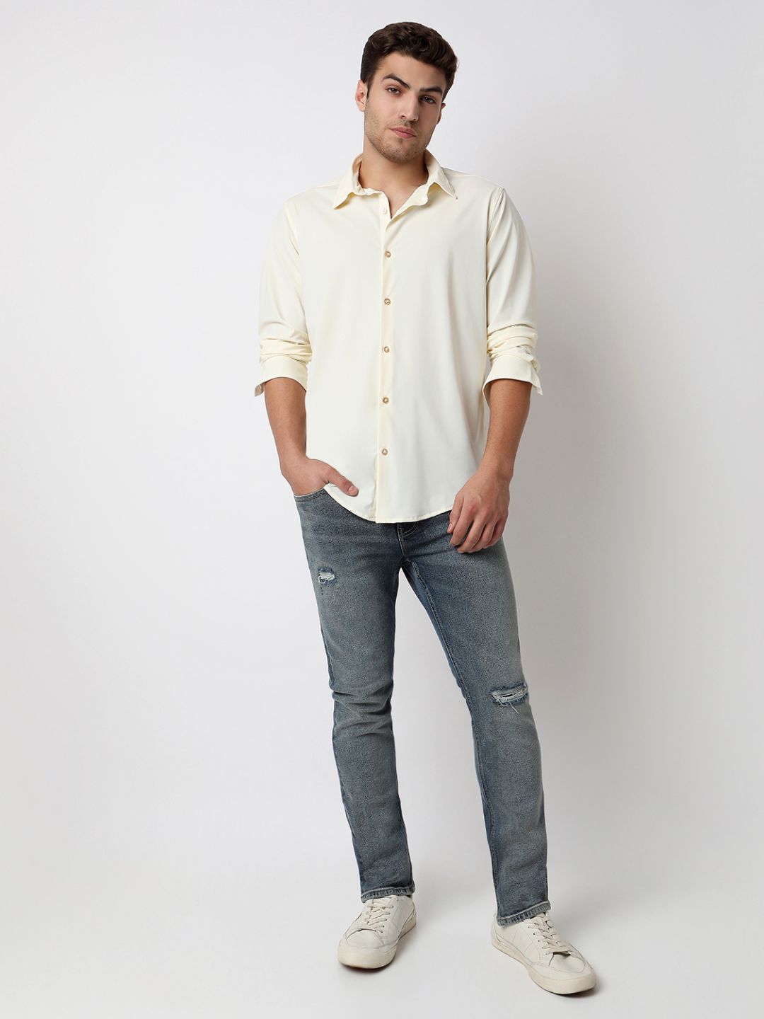 Spykar Off White Full Sleeves Raised Collar Shirt For Men