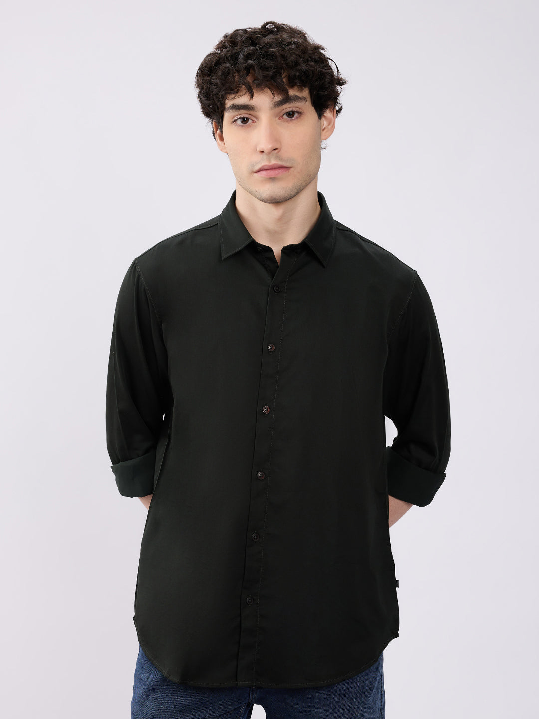 Spykar Olive Green Slim Fit Casual Shirts For Men