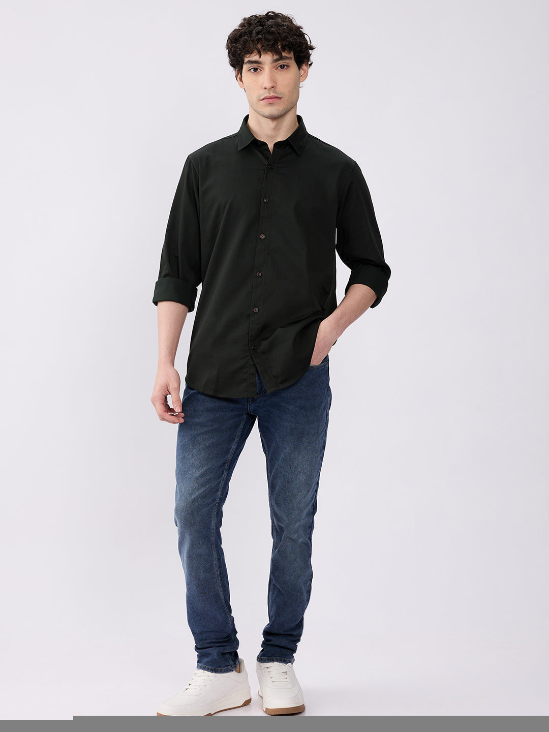 Spykar Olive Green Slim Fit Casual Shirts For Men