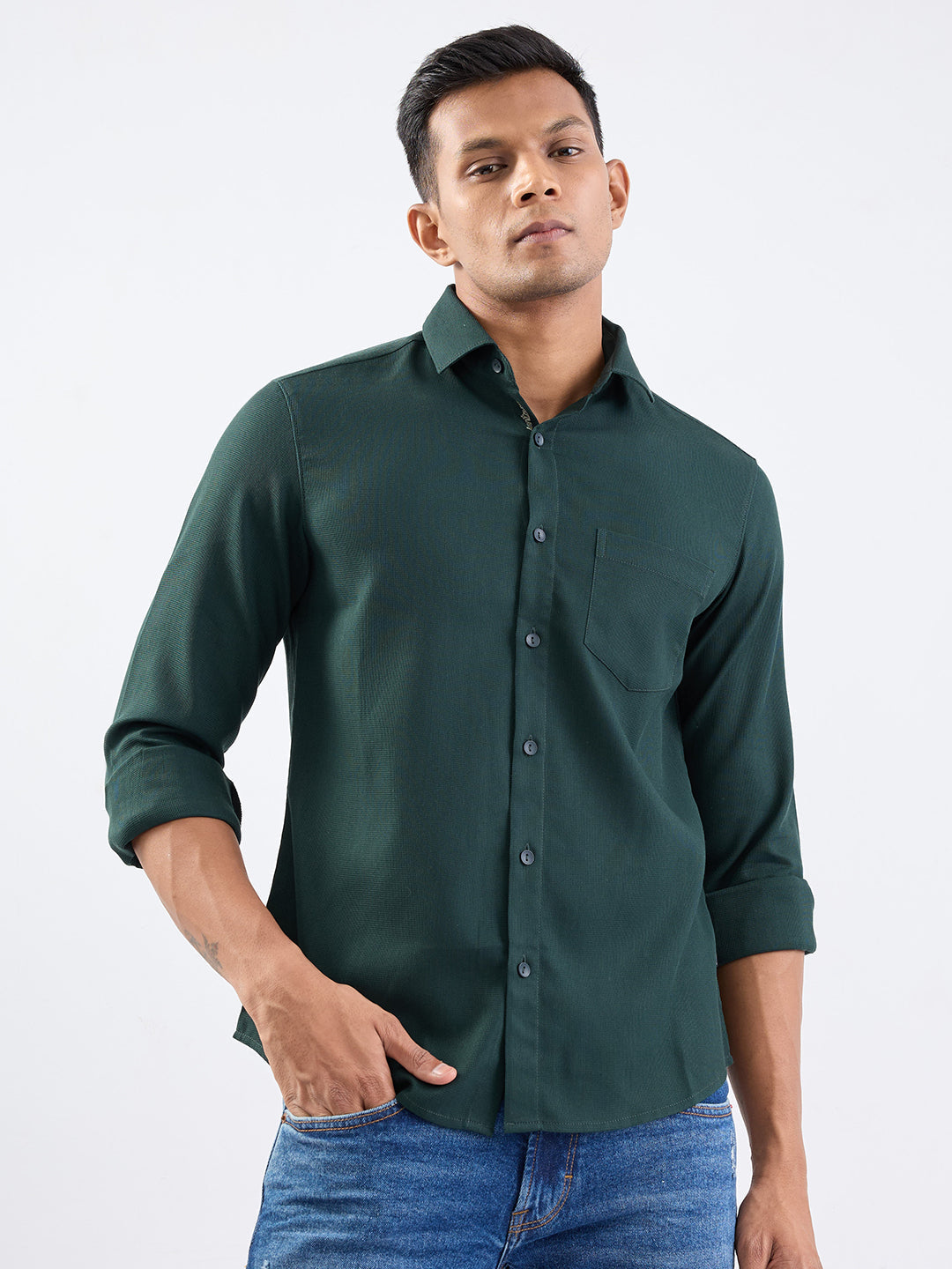 Spykar Botanical Green Slim Fit Casual Shirts For Men