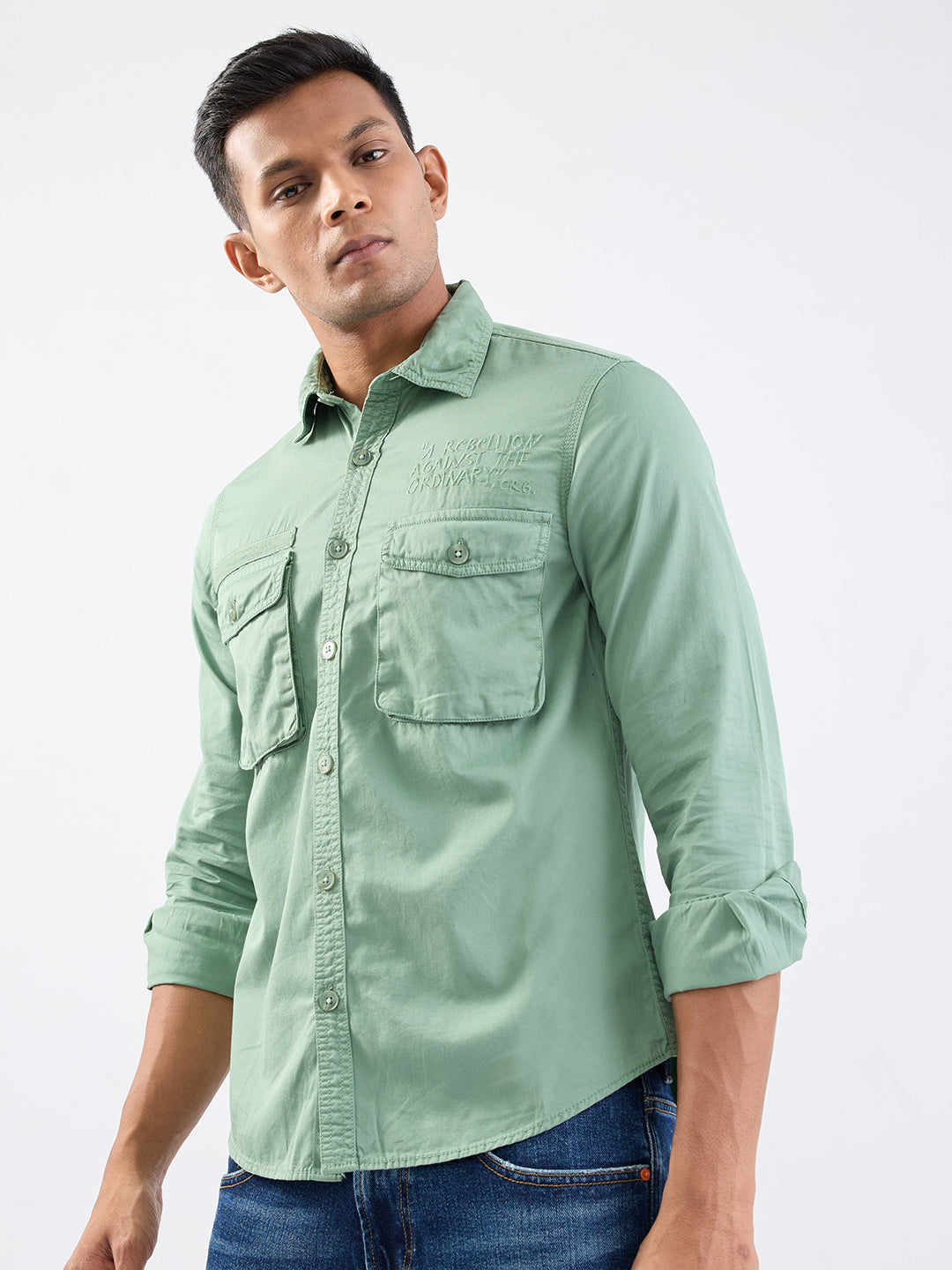 Spykar Granite Green Slim Fit Casual Shirts For Men